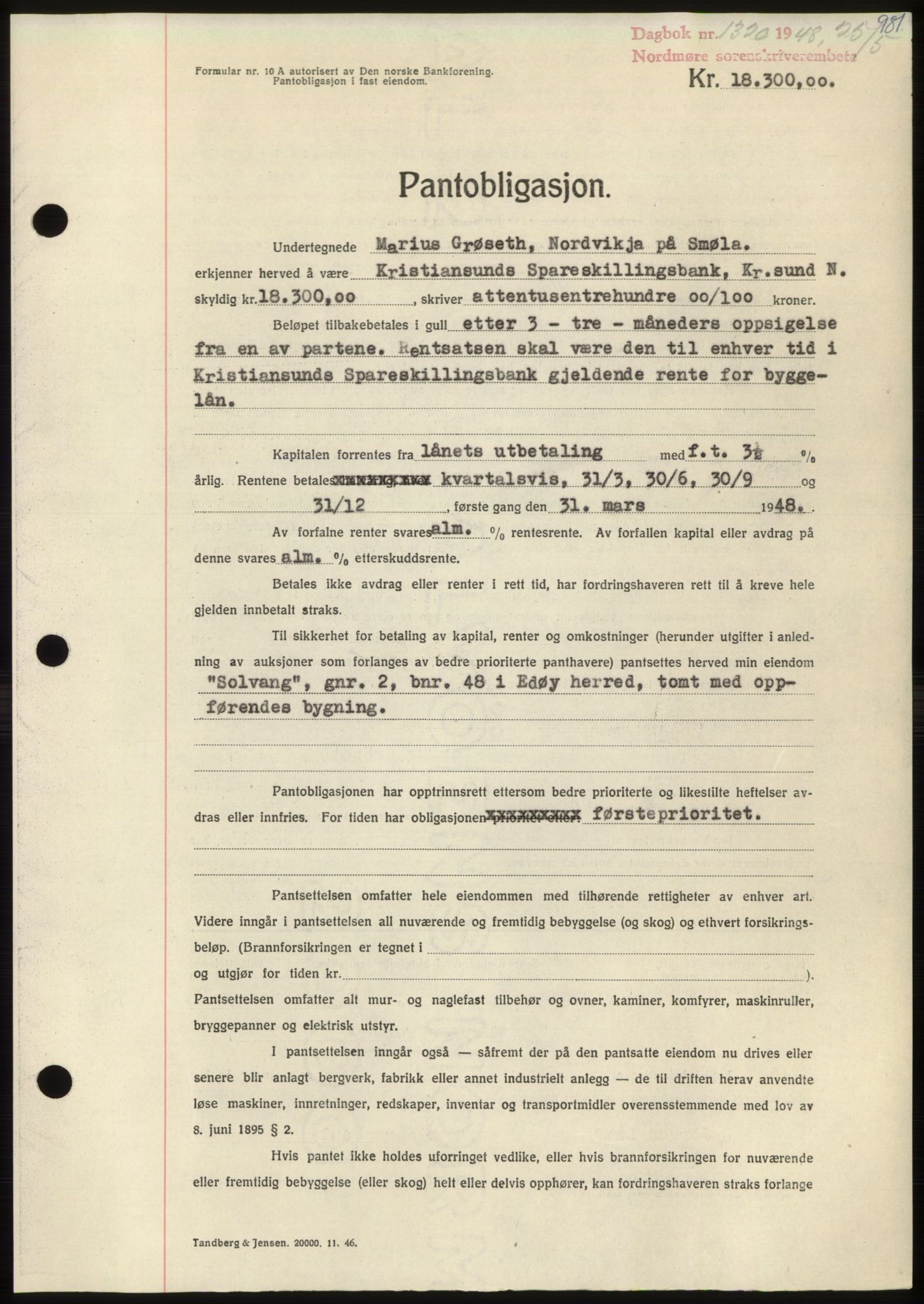 Nordmøre sorenskriveri, SAT/A-4132/1/2/2Ca: Pantebok nr. B98, 1948-1948, Dagboknr: 1320/1948