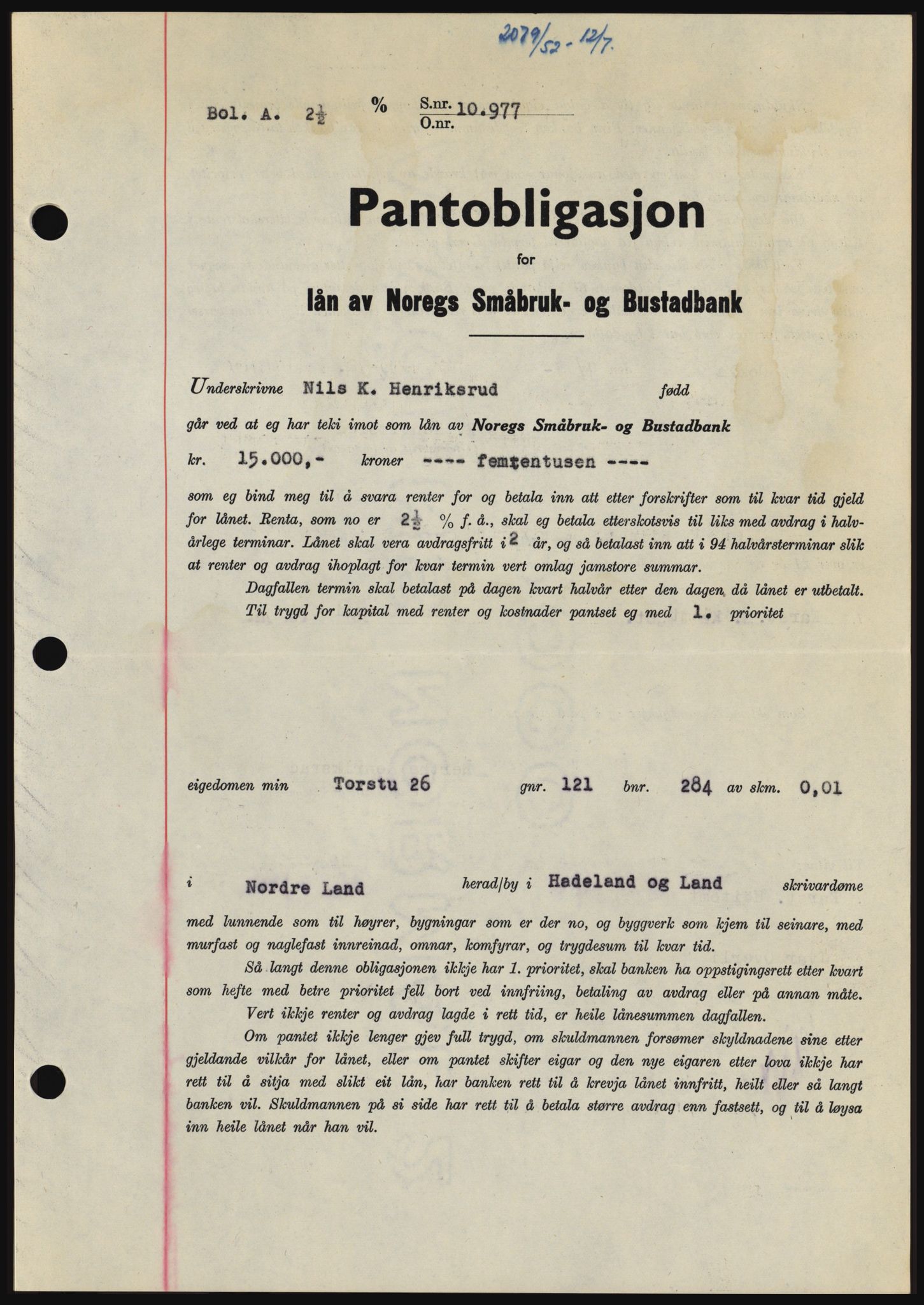 Hadeland og Land tingrett, SAH/TING-010/H/Hb/Hbc/L0024: Pantebok nr. B24, 1952-1952, Dagboknr: 2079/1952
