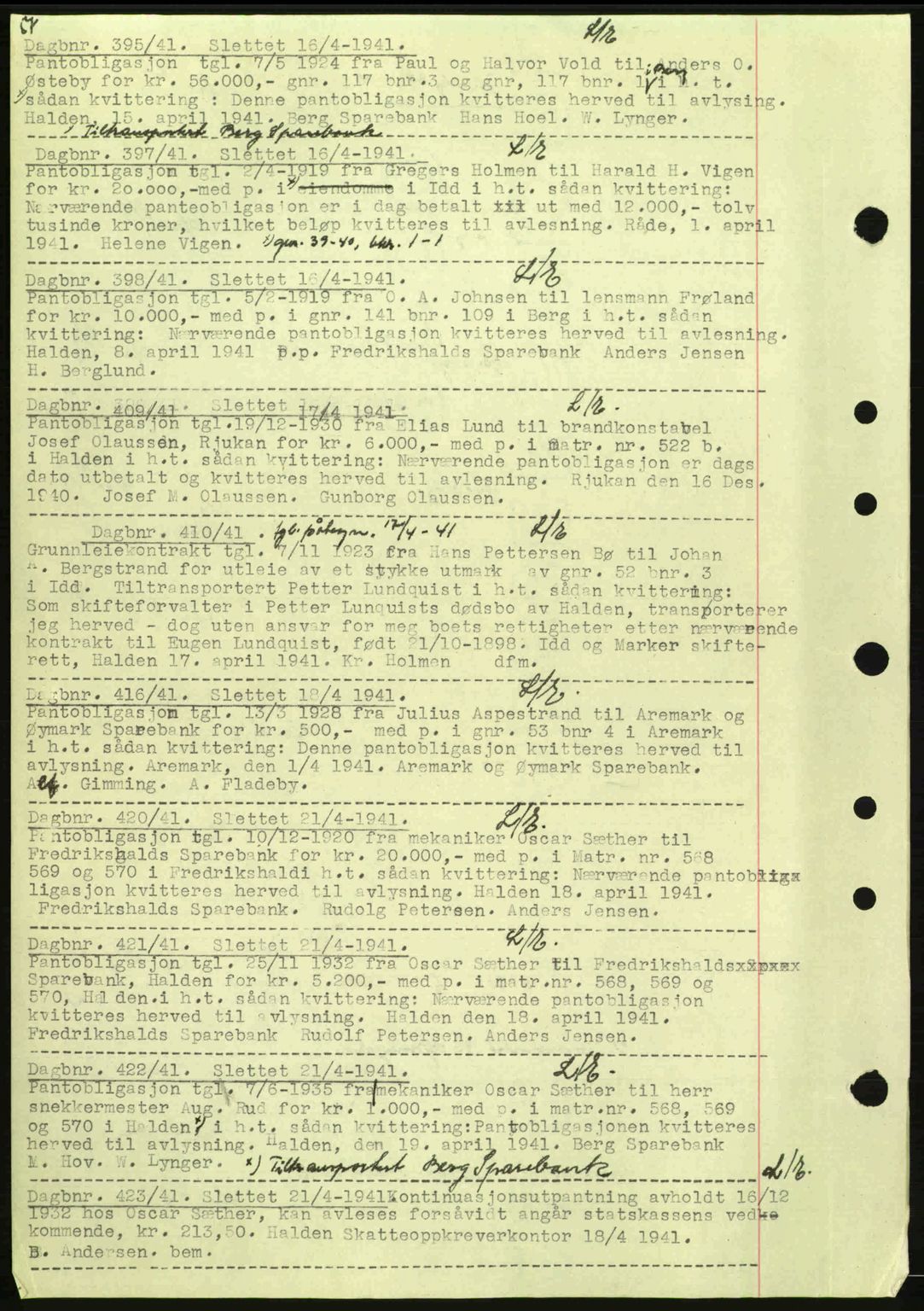Idd og Marker sorenskriveri, AV/SAO-A-10283/G/Gb/Gbc/L0002: Pantebok nr. B4-9a, 1939-1945, Dagboknr: 395/1941