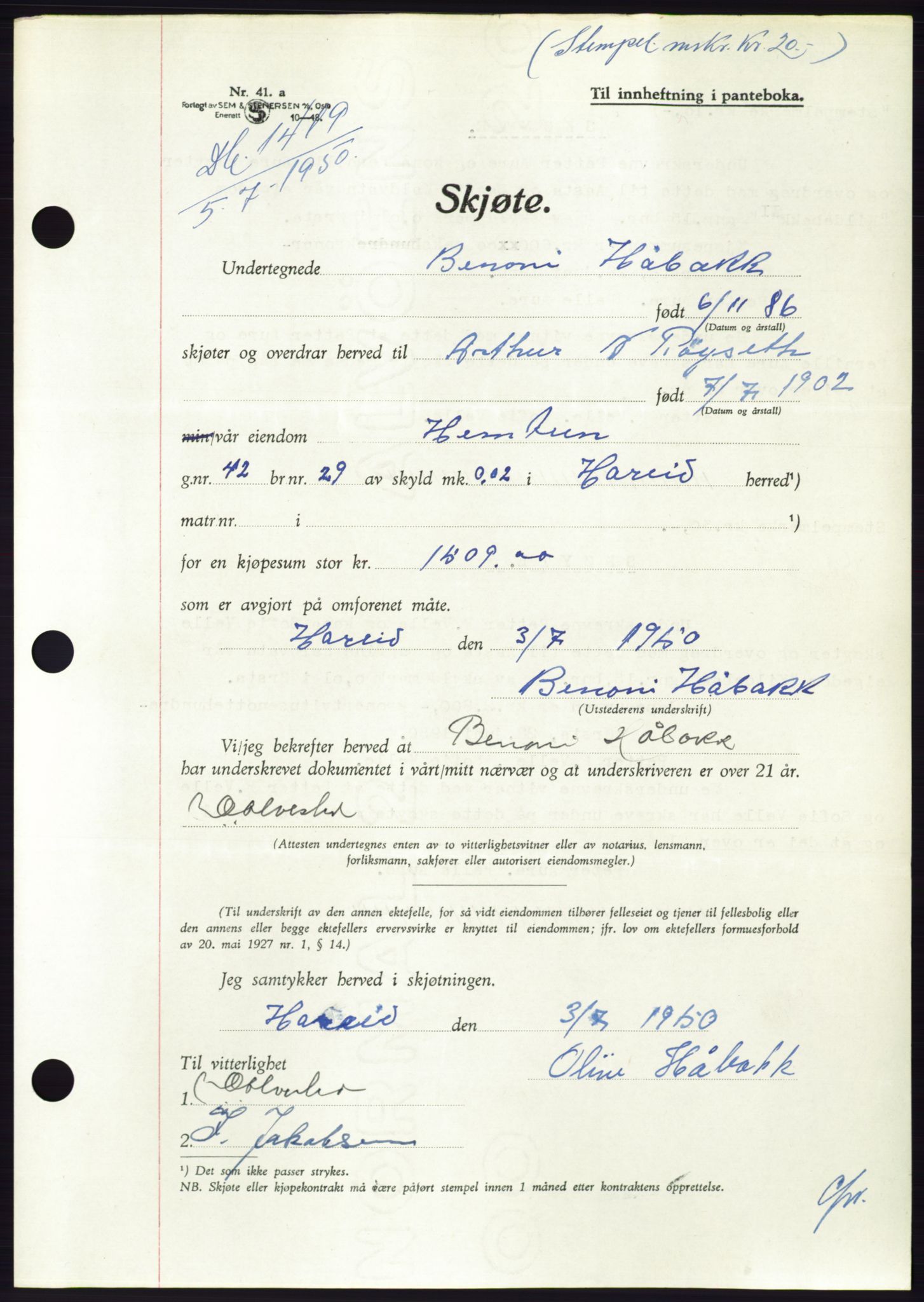 Søre Sunnmøre sorenskriveri, AV/SAT-A-4122/1/2/2C/L0087: Pantebok nr. 13A, 1950-1950, Dagboknr: 1419/1950