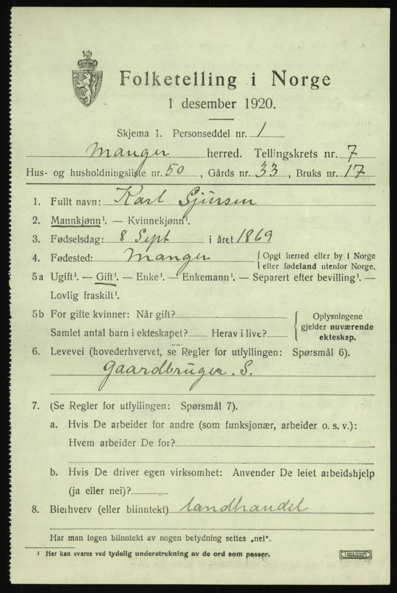 SAB, Folketelling 1920 for 1261 Manger herred, 1920, s. 4985