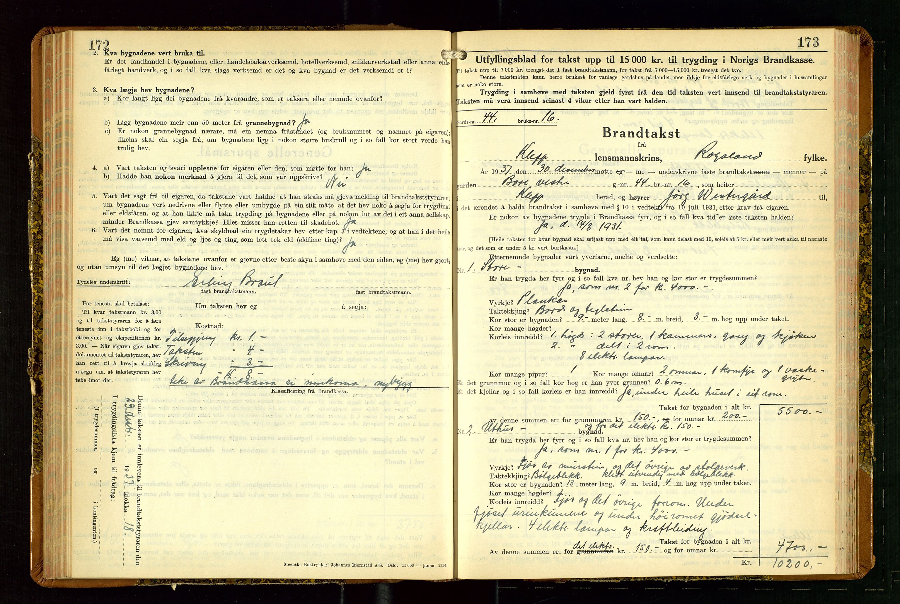 Klepp lensmannskontor, SAST/A-100163/Goc/L0014: "Brandtakstbok" m/register, 1937-1939, s. 172-173