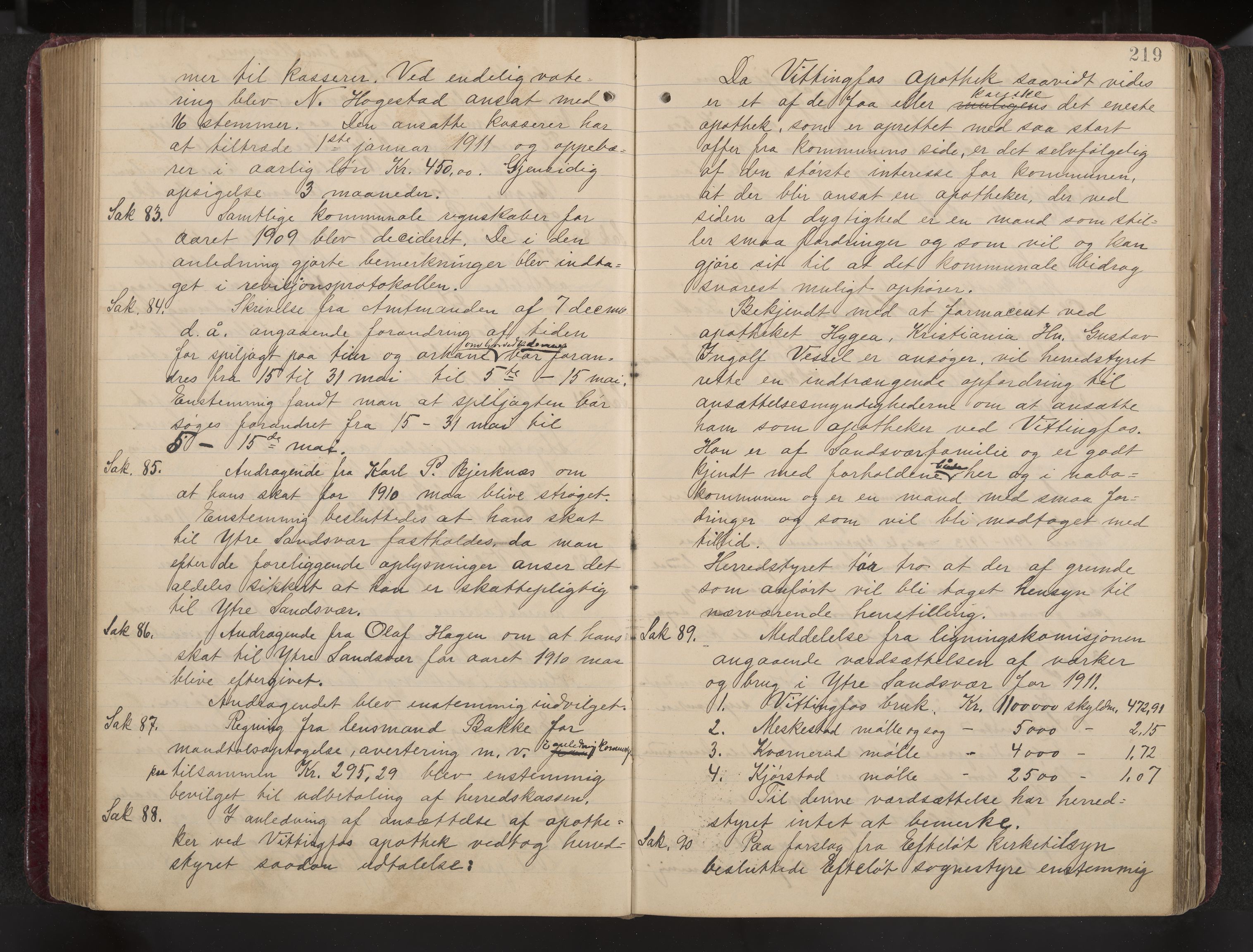 Ytre Sandsvær formannskap og sentraladministrasjon, IKAK/0629021/A/Aa/L0001: Møtebok med register, 1902-1919, s. 219