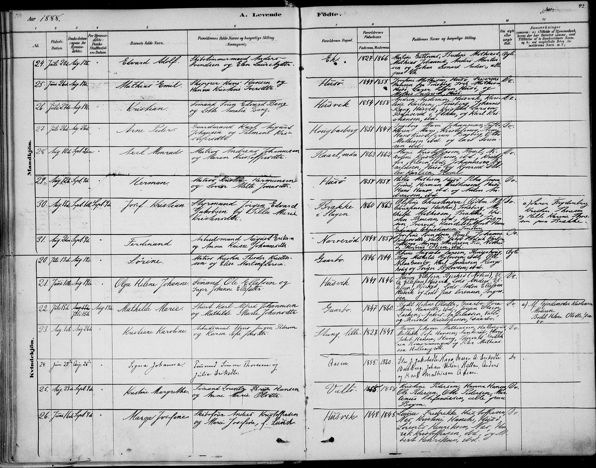 Sem kirkebøker, AV/SAKO-A-5/F/Fb/L0004: Ministerialbok nr. II 4, 1878-1891, s. 92