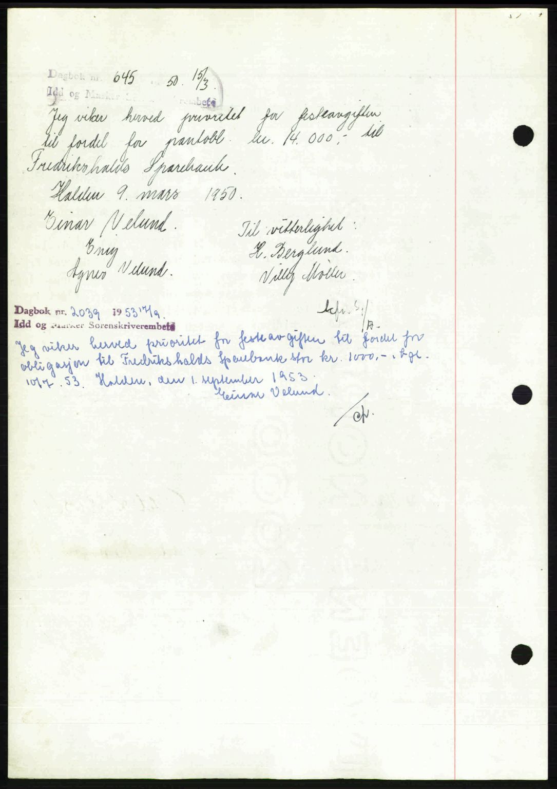 Idd og Marker sorenskriveri, SAO/A-10283/G/Gb/Gbb/L0012: Pantebok nr. A12, 1949-1949, Dagboknr: 645/1950