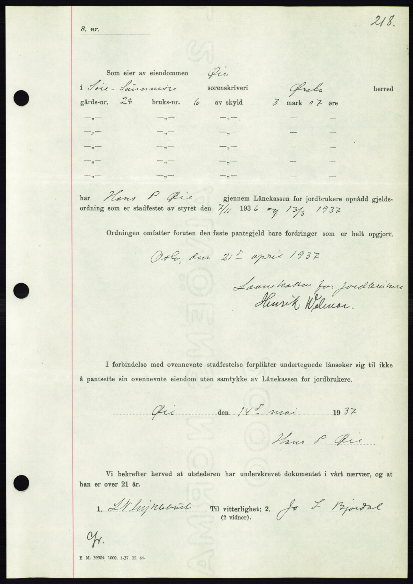 Søre Sunnmøre sorenskriveri, AV/SAT-A-4122/1/2/2C/L0063: Pantebok nr. 57, 1937-1937, Dagboknr: 819/1937