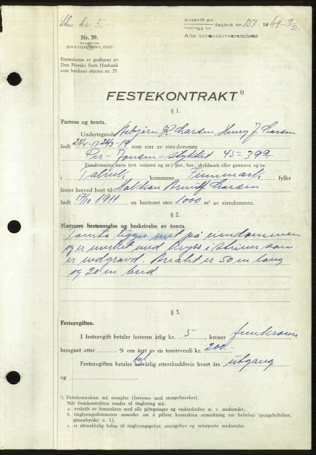 Alta fogderi/sorenskriveri, SATØ/SATØ-5/1/K/Kd/L0037pantebok: Pantebok nr. 39-40, 1948-1949, Dagboknr: 137/1949