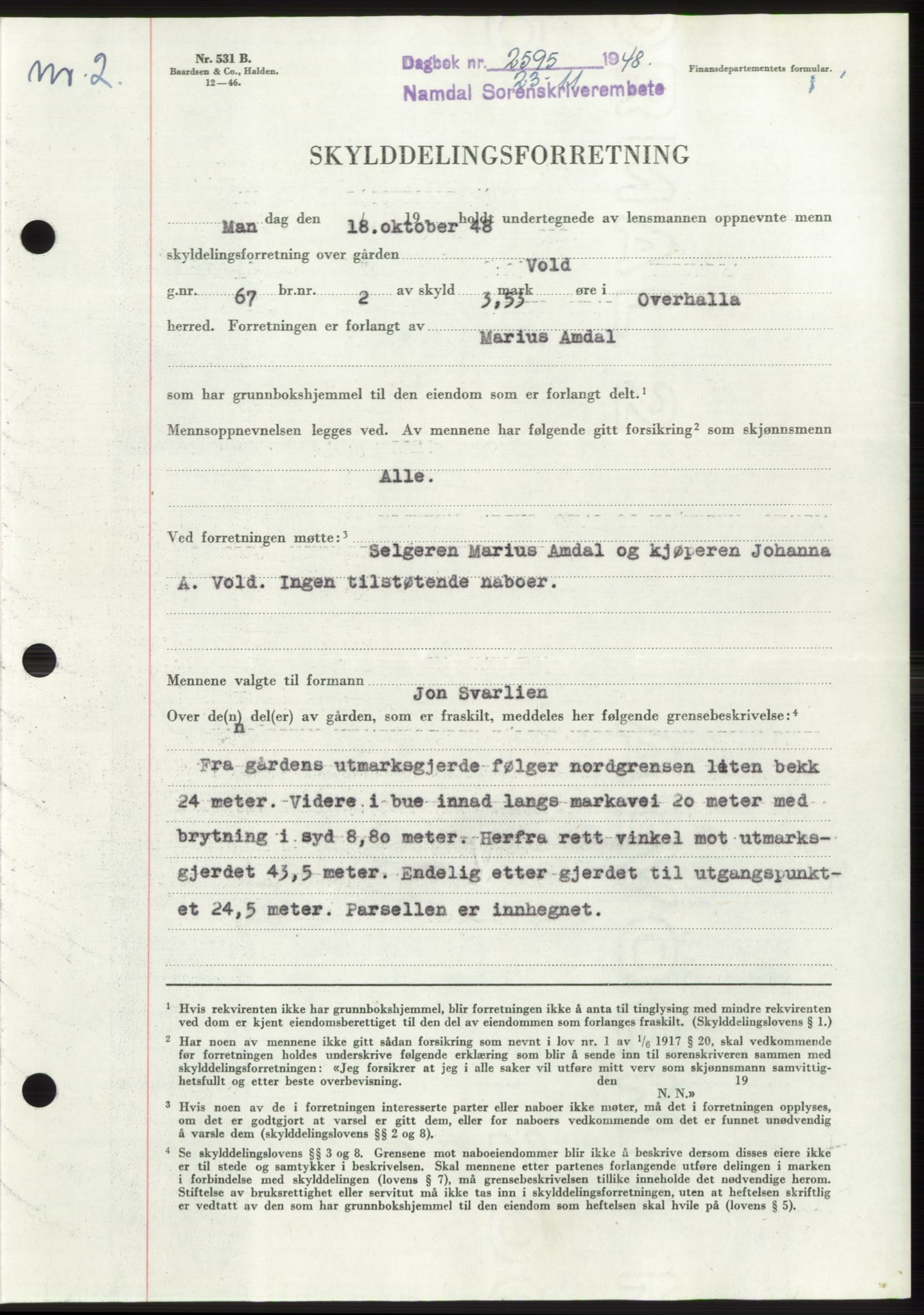 Namdal sorenskriveri, SAT/A-4133/1/2/2C: Pantebok nr. -, 1948-1948, Dagboknr: 2595/1948