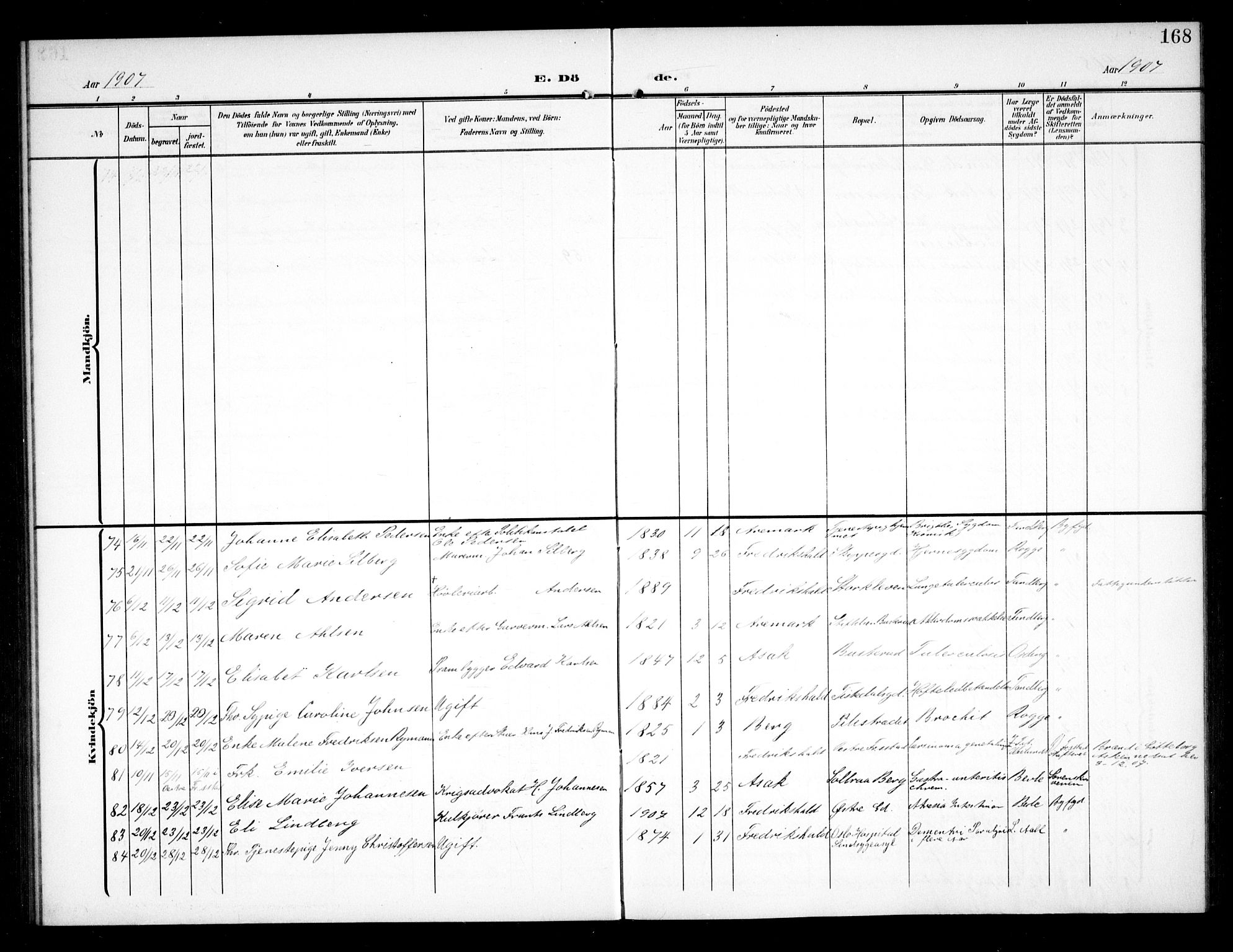 Halden prestekontor Kirkebøker, AV/SAO-A-10909/G/Ga/L0011: Klokkerbok nr. 11, 1906-1934, s. 168