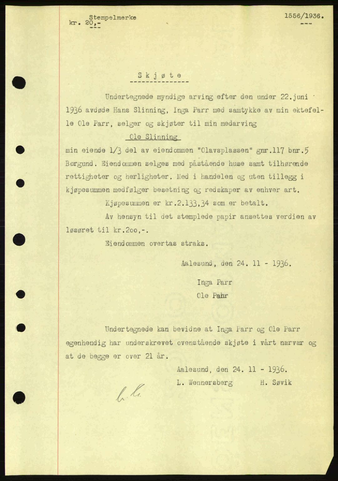 Nordre Sunnmøre sorenskriveri, SAT/A-0006/1/2/2C/2Ca: Pantebok nr. A2, 1936-1937, Dagboknr: 1556/1936