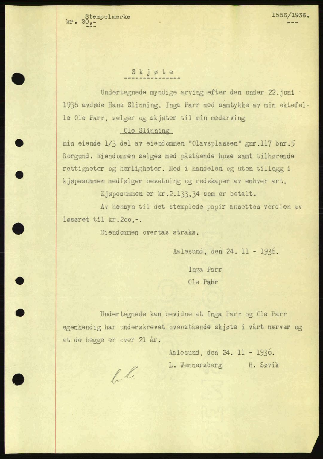 Nordre Sunnmøre sorenskriveri, AV/SAT-A-0006/1/2/2C/2Ca: Pantebok nr. A2, 1936-1937, Dagboknr: 1556/1936