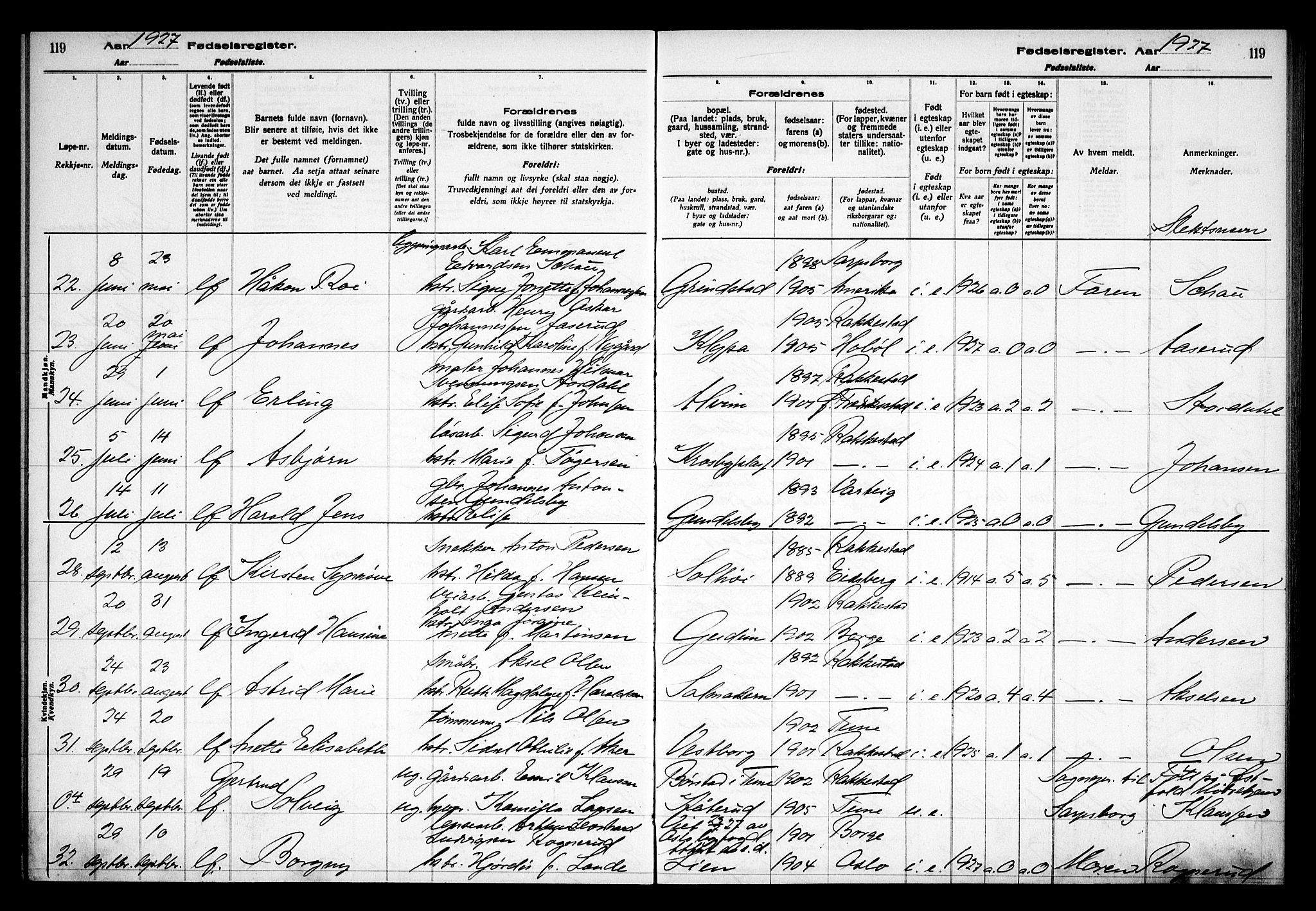 Rakkestad prestekontor Kirkebøker, AV/SAO-A-2008/J/Ja/L0001: Fødselsregister nr. I 1, 1916-1936, s. 119