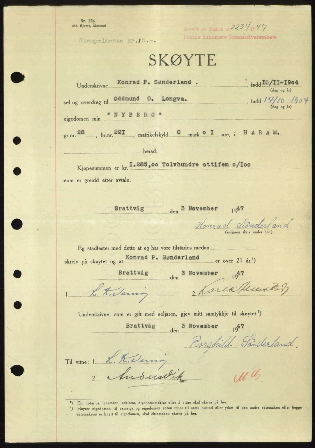 Nordre Sunnmøre sorenskriveri, AV/SAT-A-0006/1/2/2C/2Ca: Pantebok nr. A26, 1947-1948, Dagboknr: 2234/1947