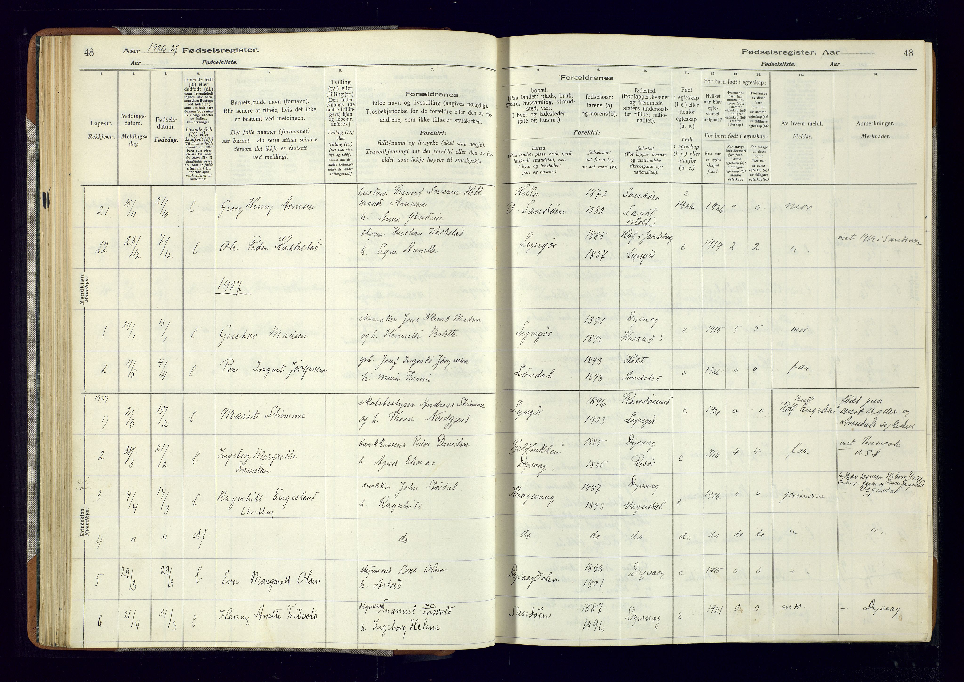 Dypvåg sokneprestkontor, AV/SAK-1111-0007/J/Ja/L0001: Fødselsregister nr. II.4.3, 1916-1975, s. 48