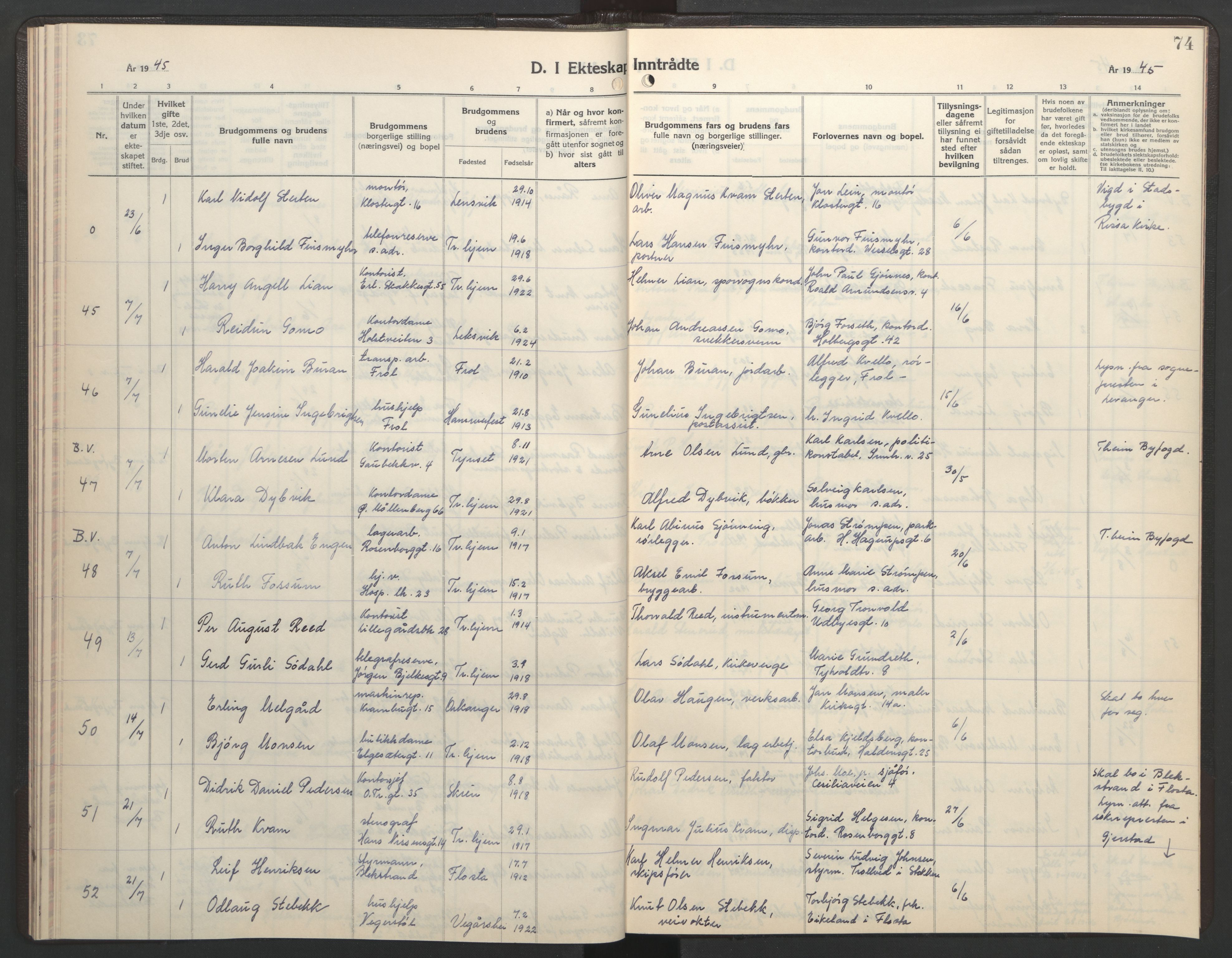 Ministerialprotokoller, klokkerbøker og fødselsregistre - Sør-Trøndelag, SAT/A-1456/602/L0154: Klokkerbok nr. 602C22, 1940-1947, s. 74