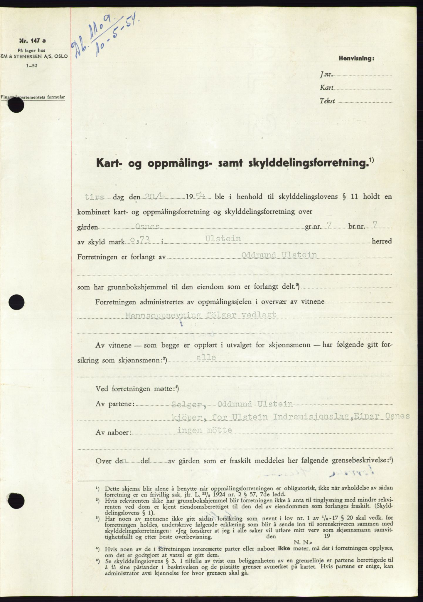 Søre Sunnmøre sorenskriveri, SAT/A-4122/1/2/2C/L0097: Pantebok nr. 23A, 1954-1954, Dagboknr: 1109/1954