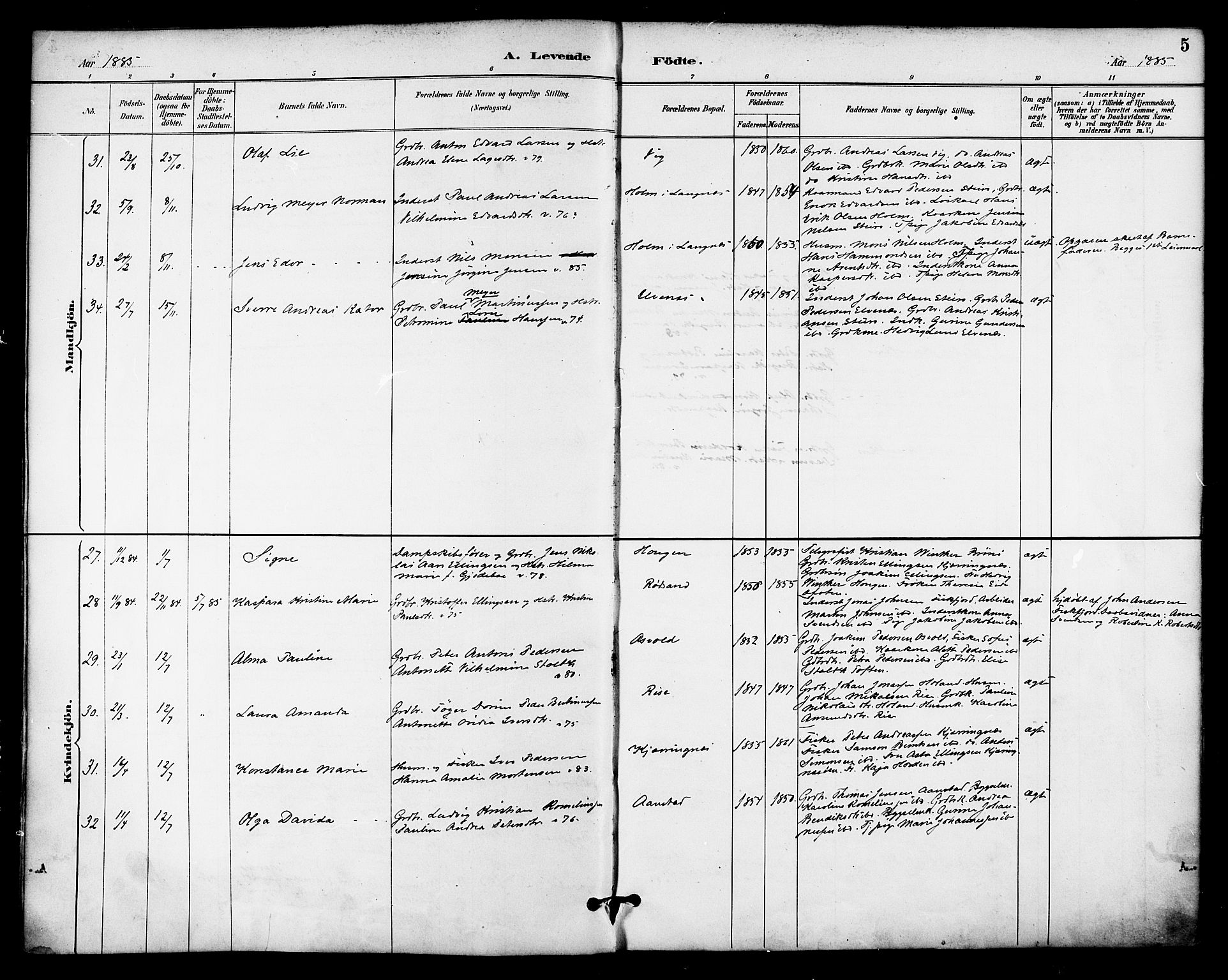 Ministerialprotokoller, klokkerbøker og fødselsregistre - Nordland, SAT/A-1459/895/L1371: Ministerialbok nr. 895A06, 1885-1894, s. 5
