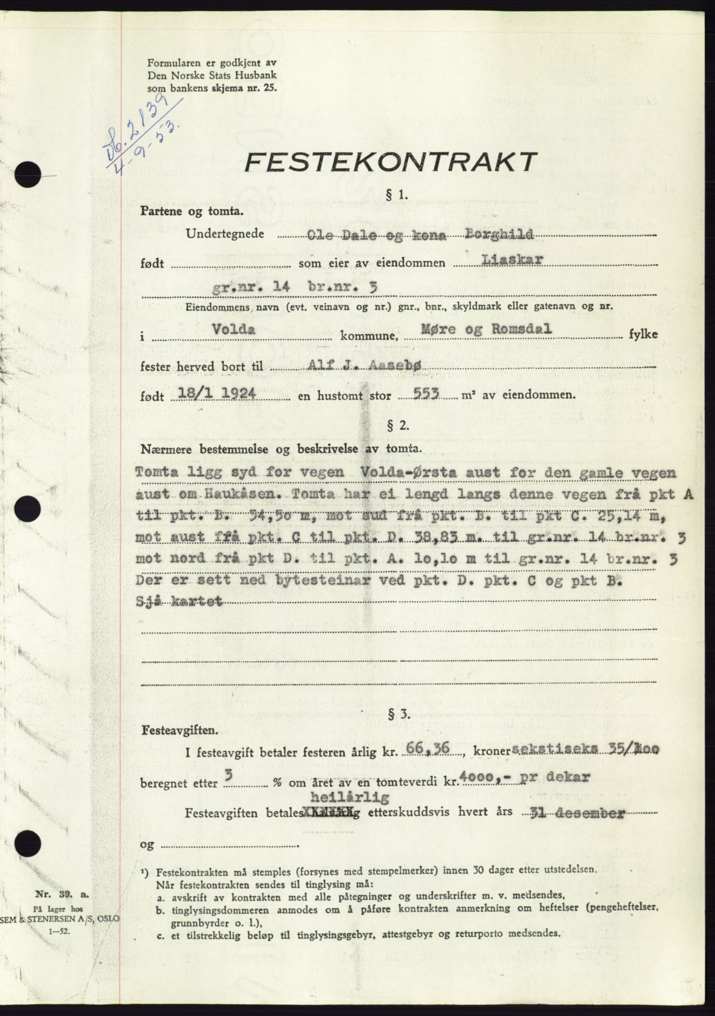 Søre Sunnmøre sorenskriveri, AV/SAT-A-4122/1/2/2C/L0095: Pantebok nr. 21A, 1953-1953, Dagboknr: 2139/1953