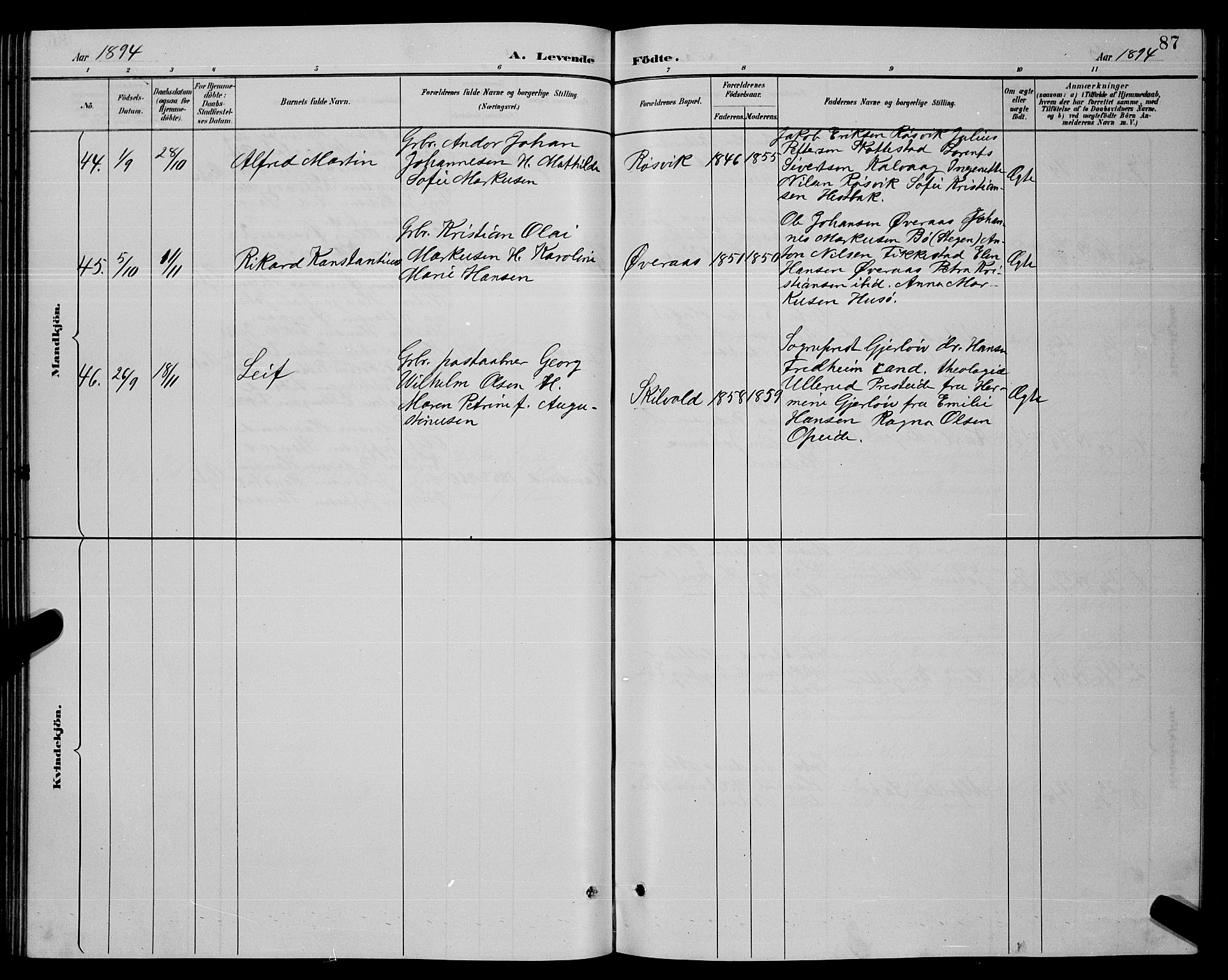 Ministerialprotokoller, klokkerbøker og fødselsregistre - Nordland, AV/SAT-A-1459/859/L0859: Klokkerbok nr. 859C05, 1887-1898, s. 87