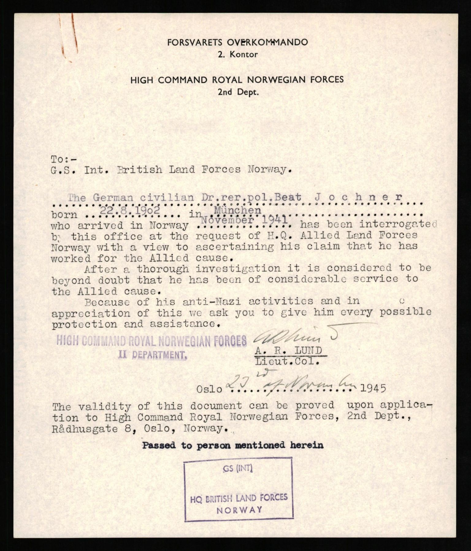 Forsvaret, Forsvarets overkommando II, AV/RA-RAFA-3915/D/Db/L0015: CI Questionaires. Tyske okkupasjonsstyrker i Norge. Tyskere., 1945-1946, s. 88