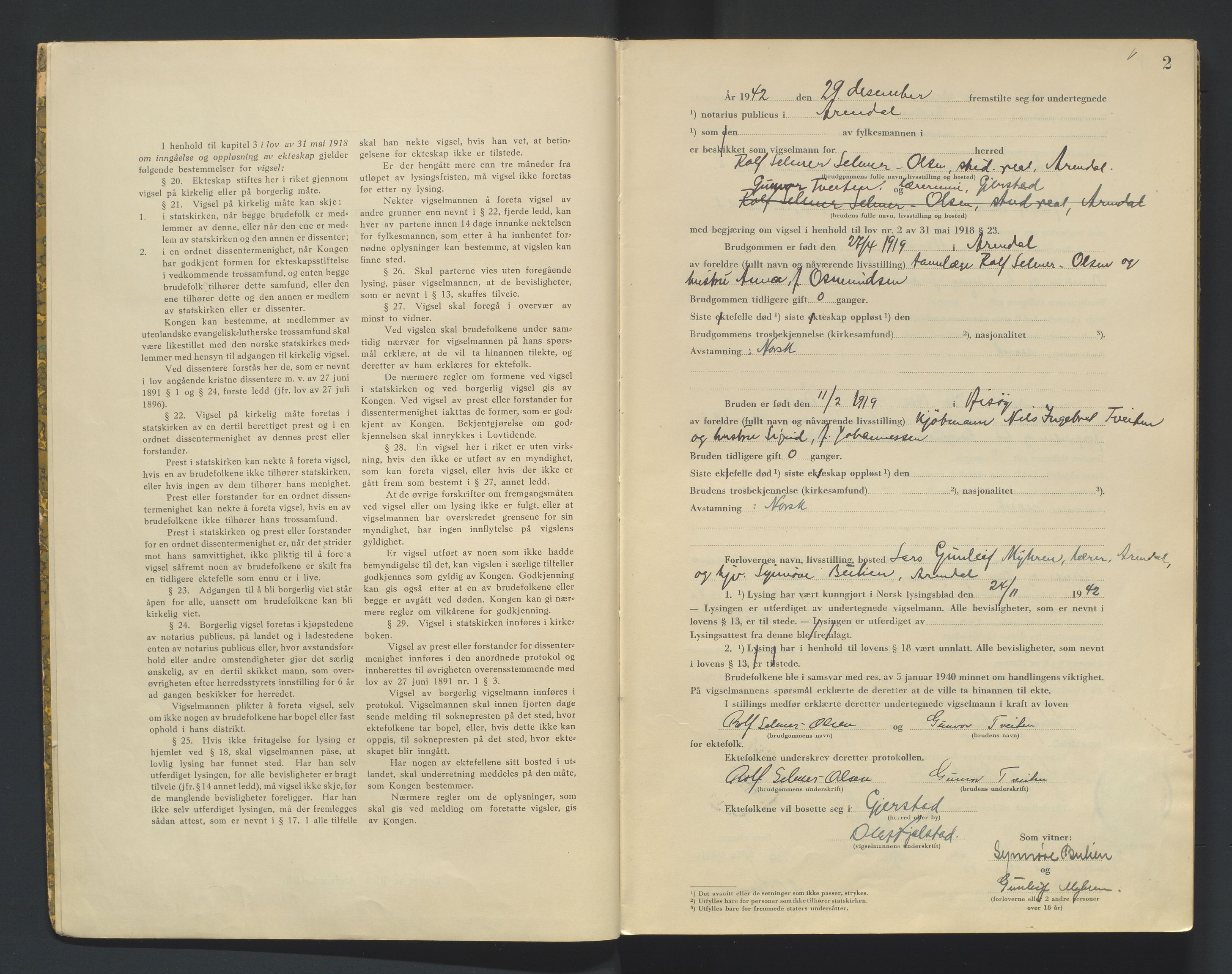 Nedenes sorenskriveri, AV/SAK-1221-0006/L/Ld/L0002/0002: Vigselsbøker / Vigselbok, 1942-1943, s. 2