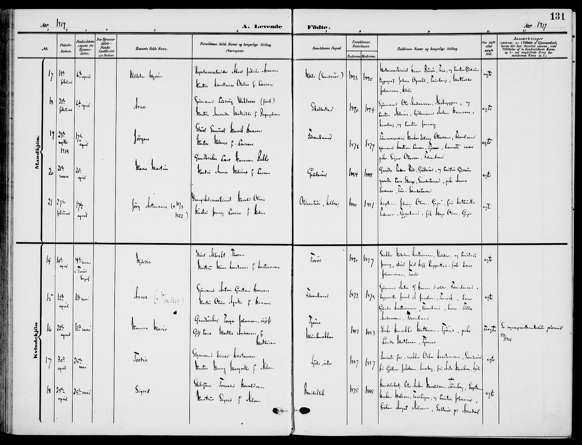 Nøtterøy kirkebøker, SAKO/A-354/F/Fa/L0010: Ministerialbok nr. I 10, 1908-1919, s. 131