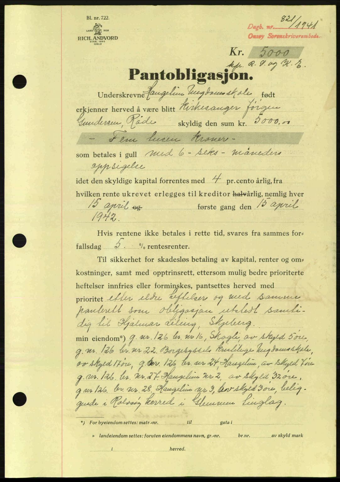 Onsøy sorenskriveri, SAO/A-10474/G/Ga/Gac/L0003: Pantebok nr. B3, 1940-1944, Dagboknr: 821/1941