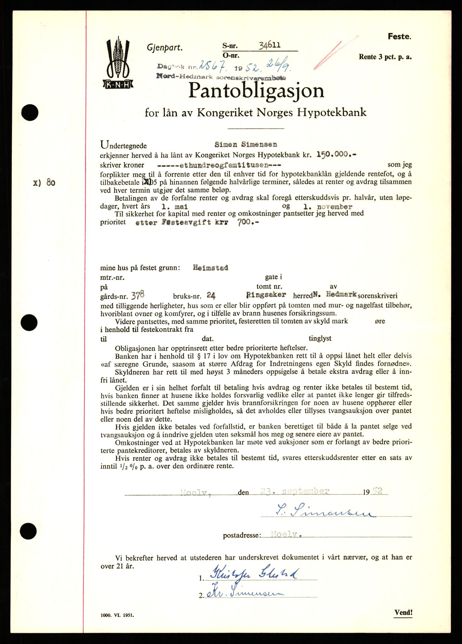 Nord-Hedmark sorenskriveri, SAH/TING-012/H/Hb/Hbf/L0025: Pantebok nr. B25, 1952-1952, Dagboknr: 2567/1952