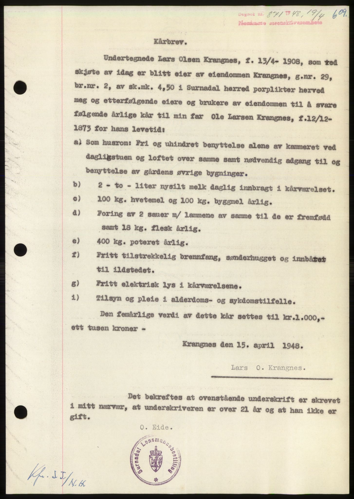 Nordmøre sorenskriveri, SAT/A-4132/1/2/2Ca: Pantebok nr. B98, 1948-1948, Dagboknr: 871/1948