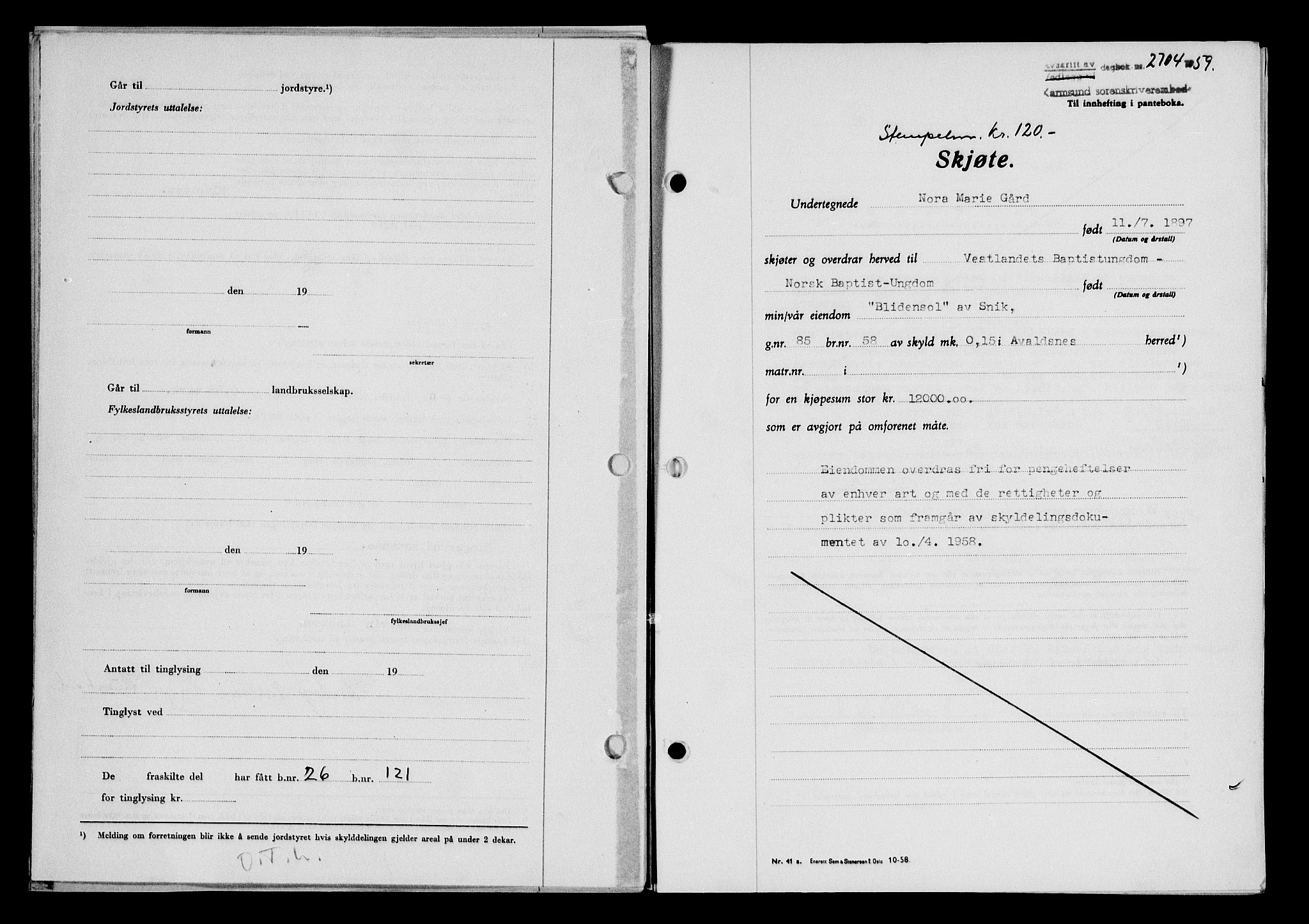 Karmsund sorenskriveri, SAST/A-100311/01/II/IIB/L0132: Pantebok nr. 112A, 1959-1959, Dagboknr: 2704/1959