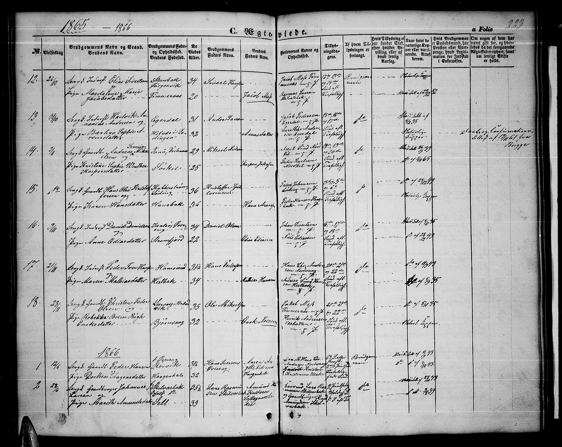 Ministerialprotokoller, klokkerbøker og fødselsregistre - Nordland, AV/SAT-A-1459/859/L0857: Klokkerbok nr. 859C03, 1854-1873, s. 223