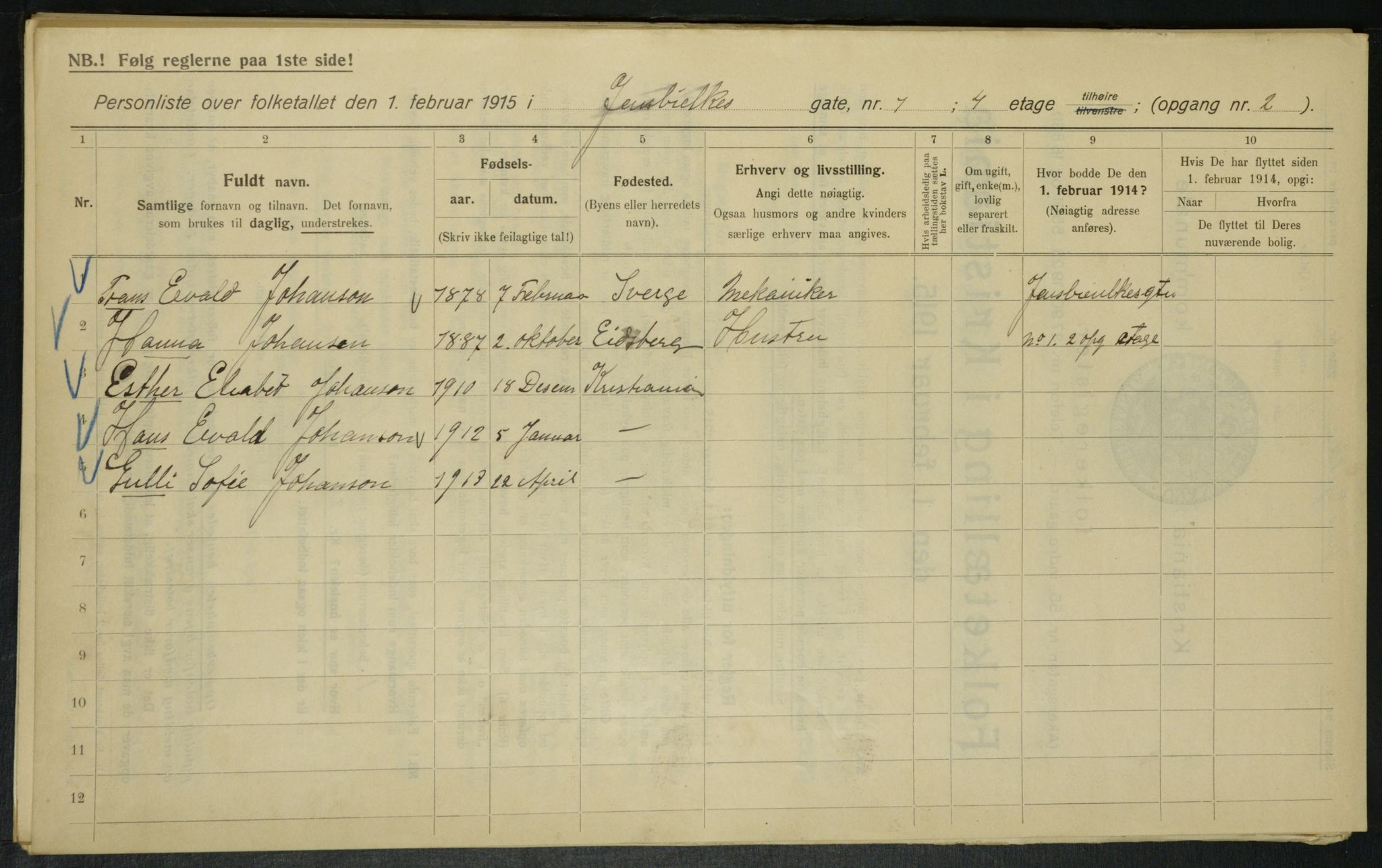 OBA, Kommunal folketelling 1.2.1915 for Kristiania, 1915, s. 45003