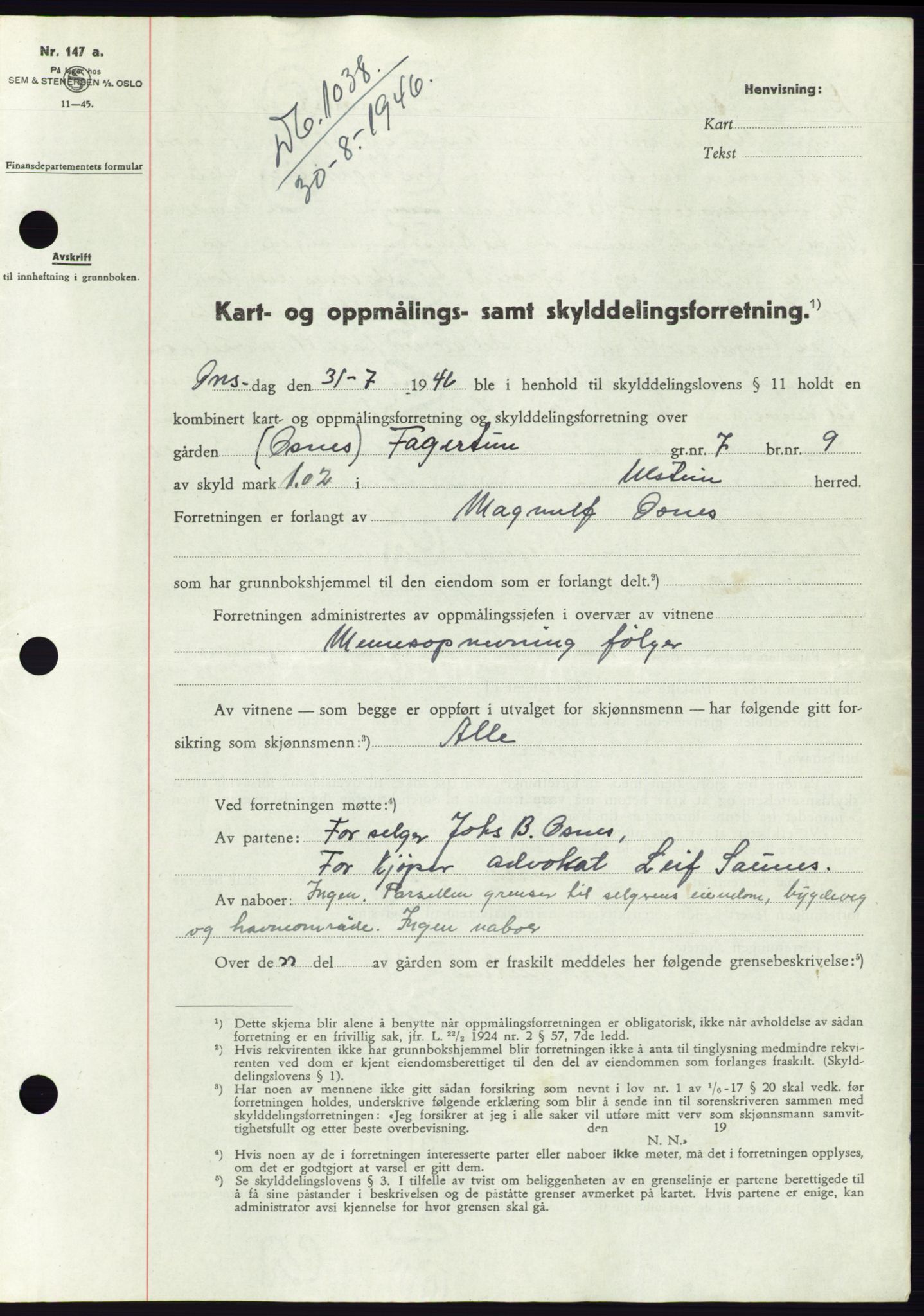 Søre Sunnmøre sorenskriveri, SAT/A-4122/1/2/2C/L0078: Pantebok nr. 4A, 1946-1946, Dagboknr: 1038/1946