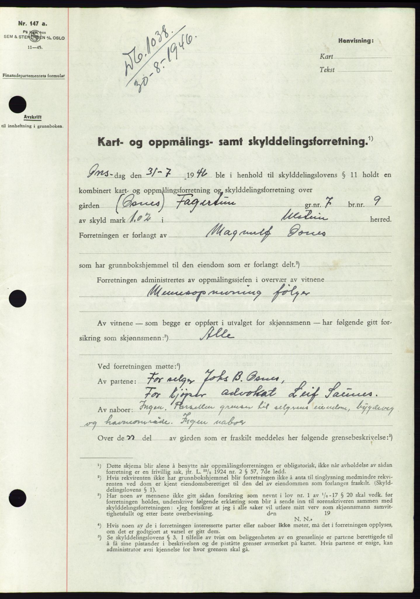 Søre Sunnmøre sorenskriveri, AV/SAT-A-4122/1/2/2C/L0078: Pantebok nr. 4A, 1946-1946, Dagboknr: 1038/1946