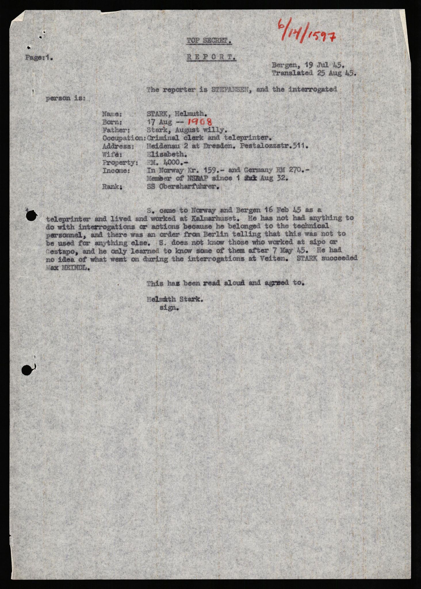 Forsvaret, Forsvarets overkommando II, AV/RA-RAFA-3915/D/Db/L0032: CI Questionaires. Tyske okkupasjonsstyrker i Norge. Tyskere., 1945-1946, s. 333