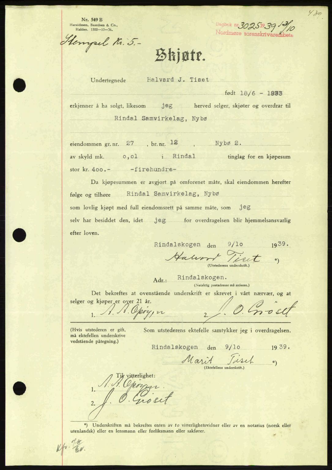 Nordmøre sorenskriveri, SAT/A-4132/1/2/2Ca: Pantebok nr. A87, 1939-1940, Dagboknr: 3025/1939
