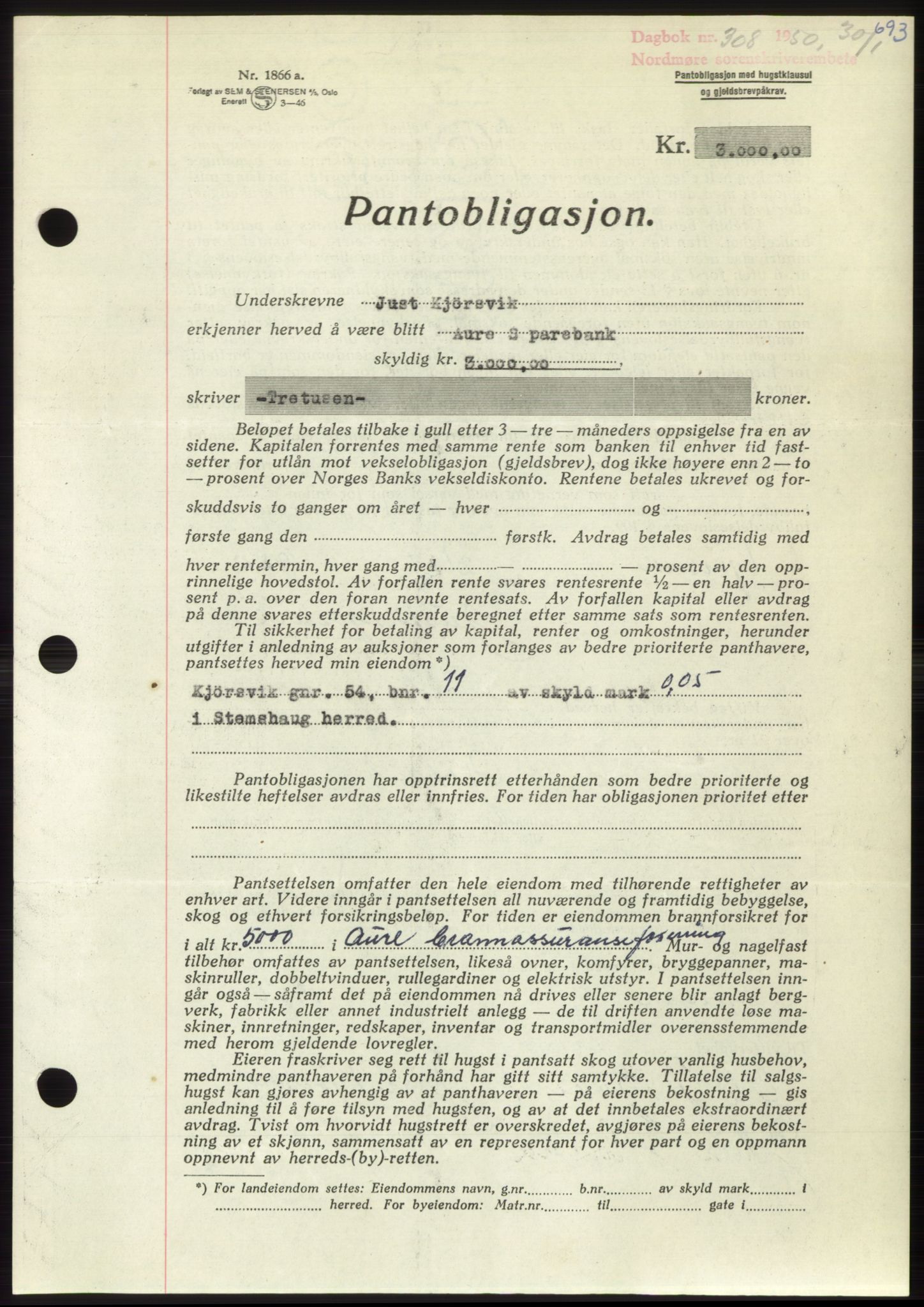 Nordmøre sorenskriveri, AV/SAT-A-4132/1/2/2Ca: Pantebok nr. B103, 1949-1950, Dagboknr: 308/1950