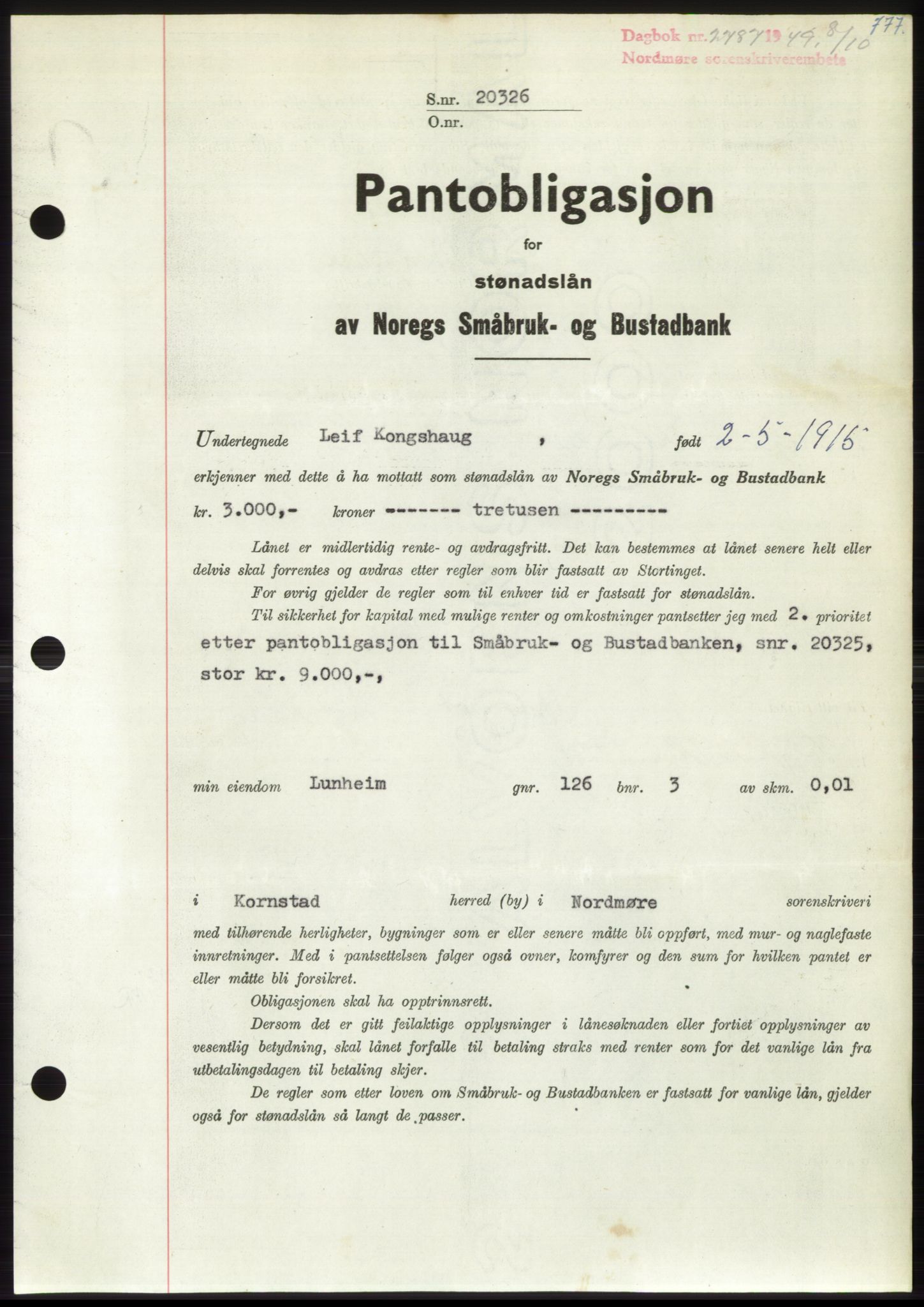 Nordmøre sorenskriveri, SAT/A-4132/1/2/2Ca: Pantebok nr. B102, 1949-1949, Dagboknr: 2787/1949