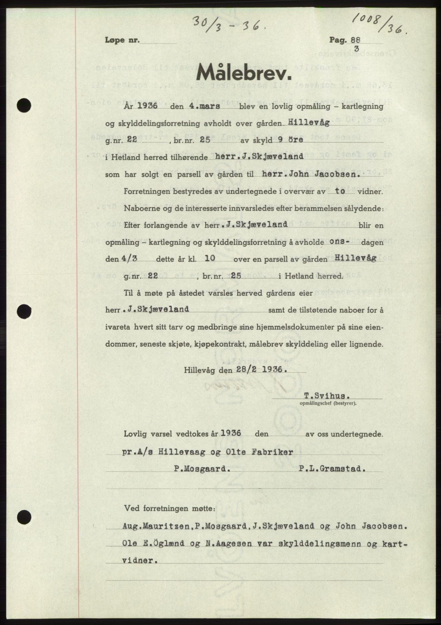 Jæren sorenskriveri, SAST/A-100310/03/G/Gba/L0065: Pantebok nr. 71, 1936-1936, Dagboknr: 1008/1936