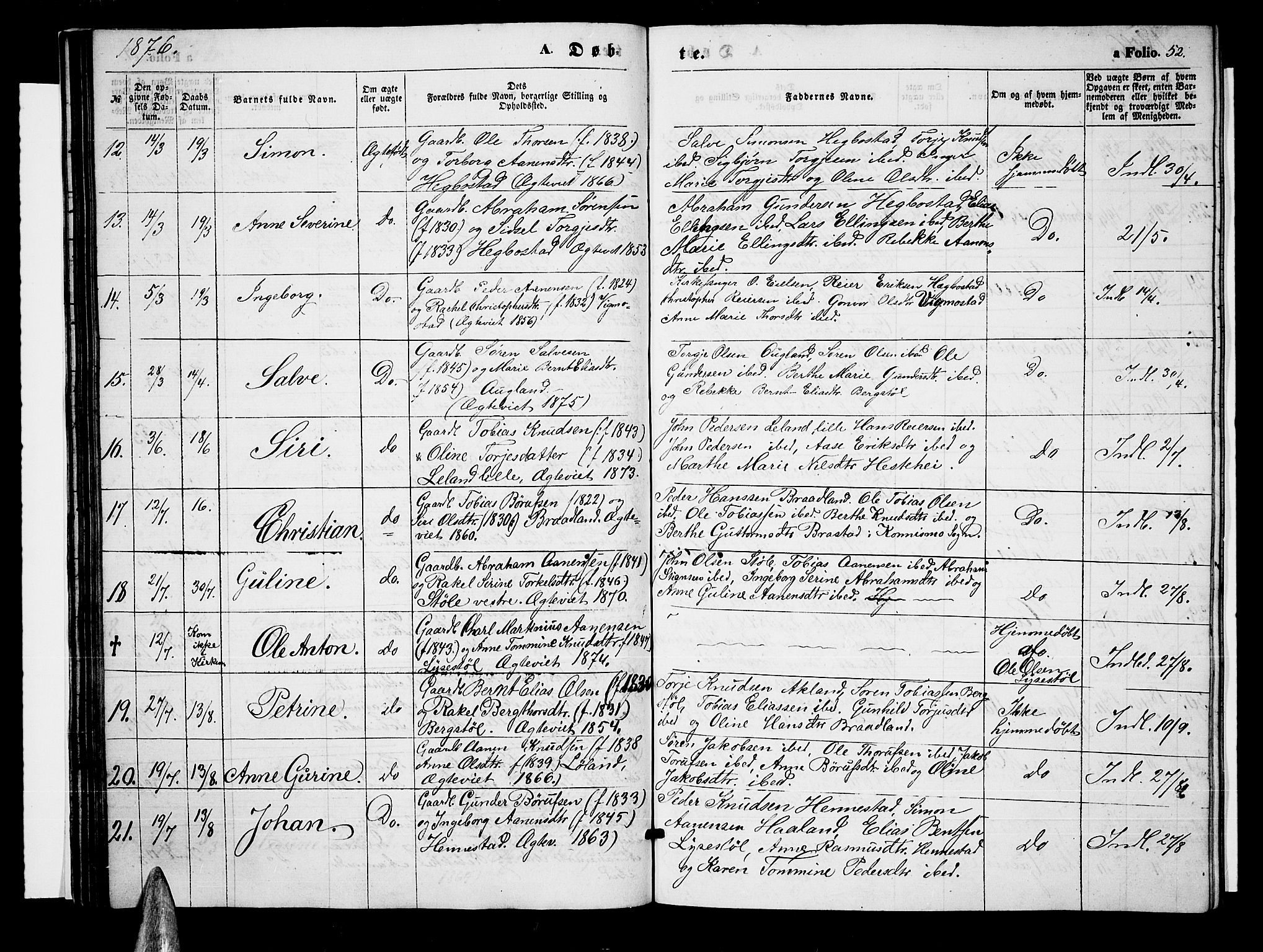 Nord-Audnedal sokneprestkontor, AV/SAK-1111-0032/F/Fb/Fbb/L0002: Klokkerbok nr. B 2, 1859-1882, s. 52