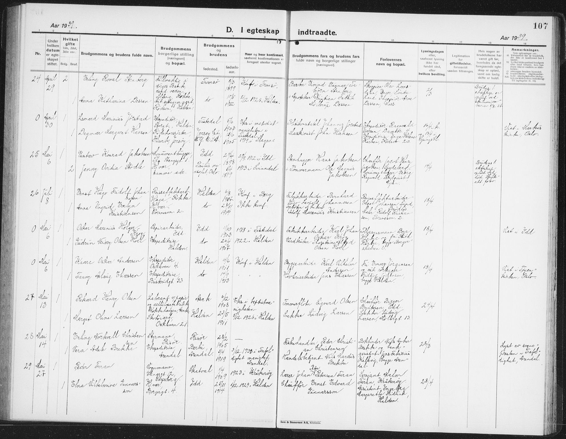 Halden prestekontor Kirkebøker, AV/SAO-A-10909/G/Ga/L0014: Klokkerbok nr. 14, 1925-1943, s. 107