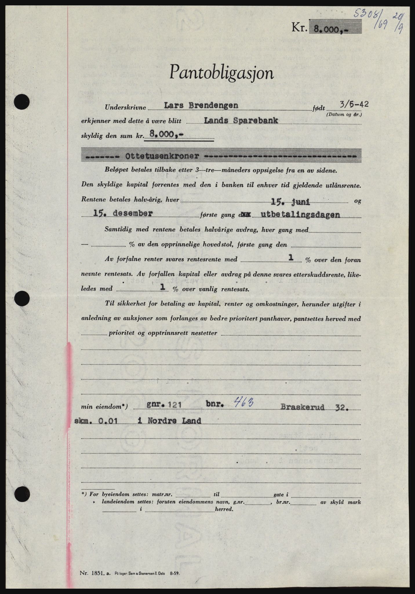 Hadeland og Land tingrett, SAH/TING-010/H/Hb/Hbc/L0074: Pantebok nr. B74, 1969-1969, Dagboknr: 5308/1969