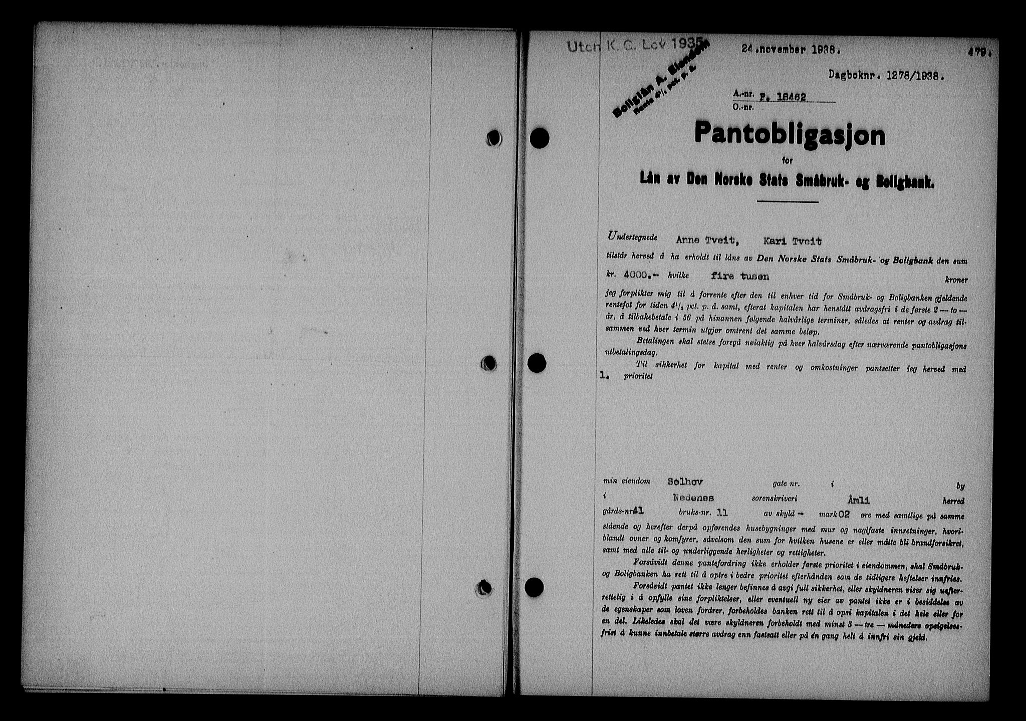 Nedenes sorenskriveri, AV/SAK-1221-0006/G/Gb/Gba/L0045: Pantebok nr. 41, 1938-1938, Dagboknr: 1278/1938