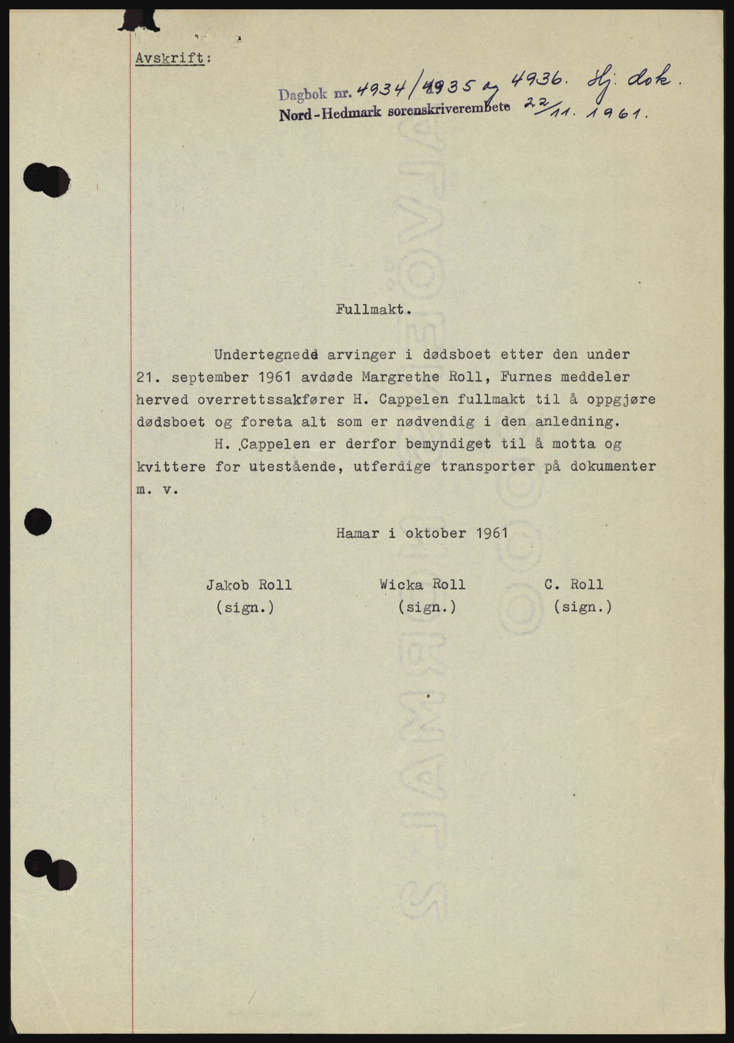 Nord-Hedmark sorenskriveri, SAH/TING-012/H/Hc/L0015: Pantebok nr. 15, 1961-1961, Dagboknr: 4934/1961