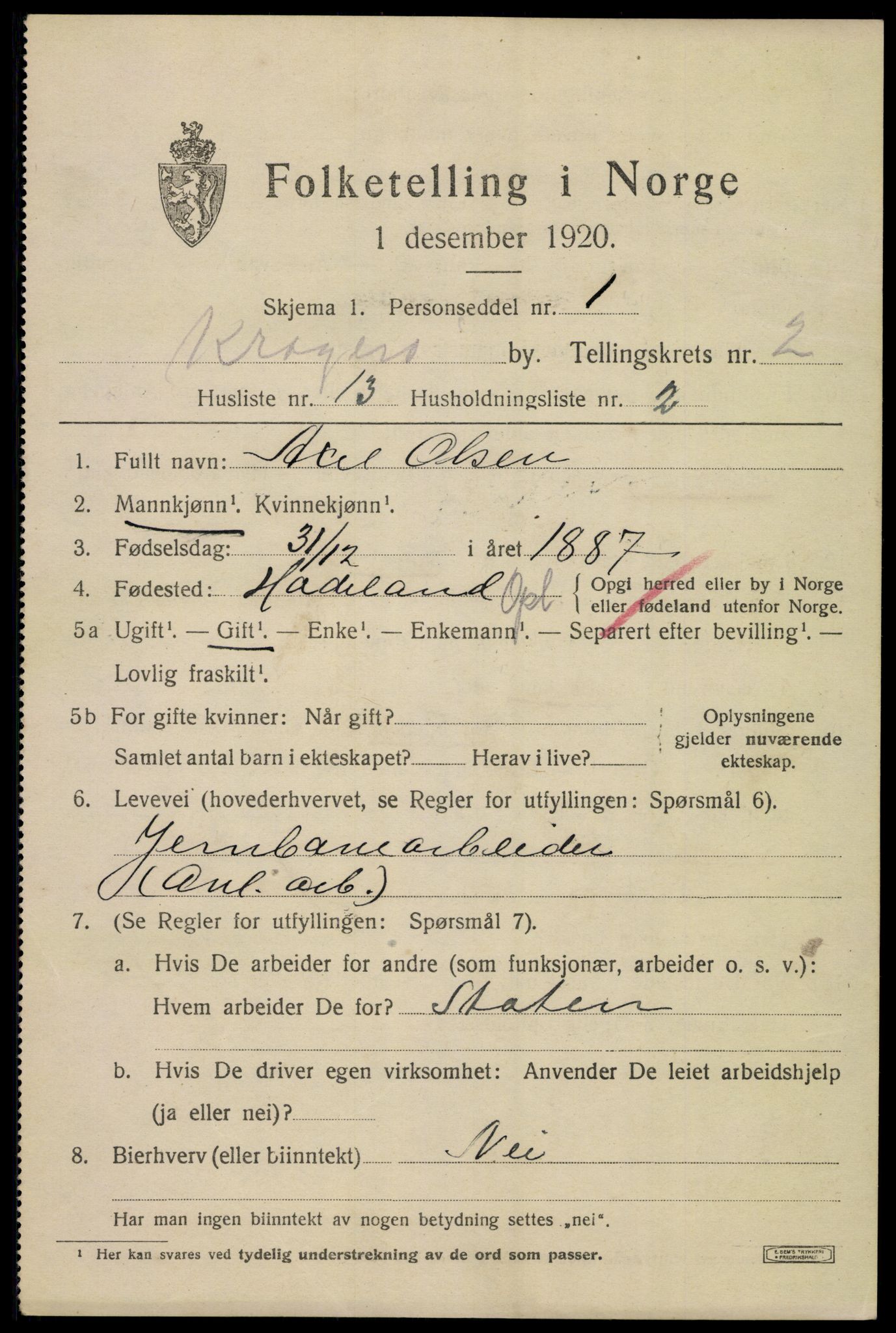 SAKO, Folketelling 1920 for 0801 Kragerø kjøpstad, 1920, s. 5465