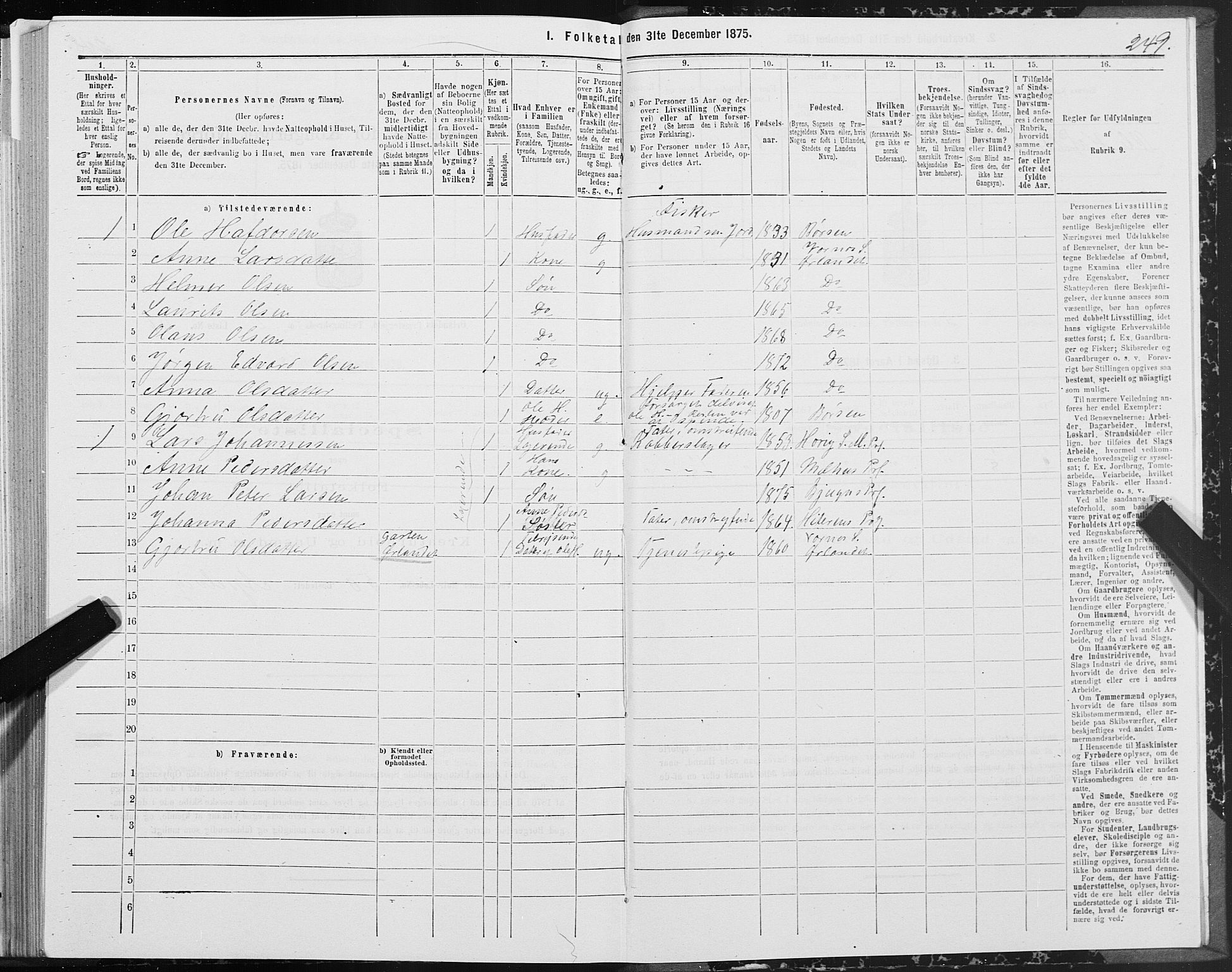 SAT, Folketelling 1875 for 1621P Ørland prestegjeld, 1875, s. 1249