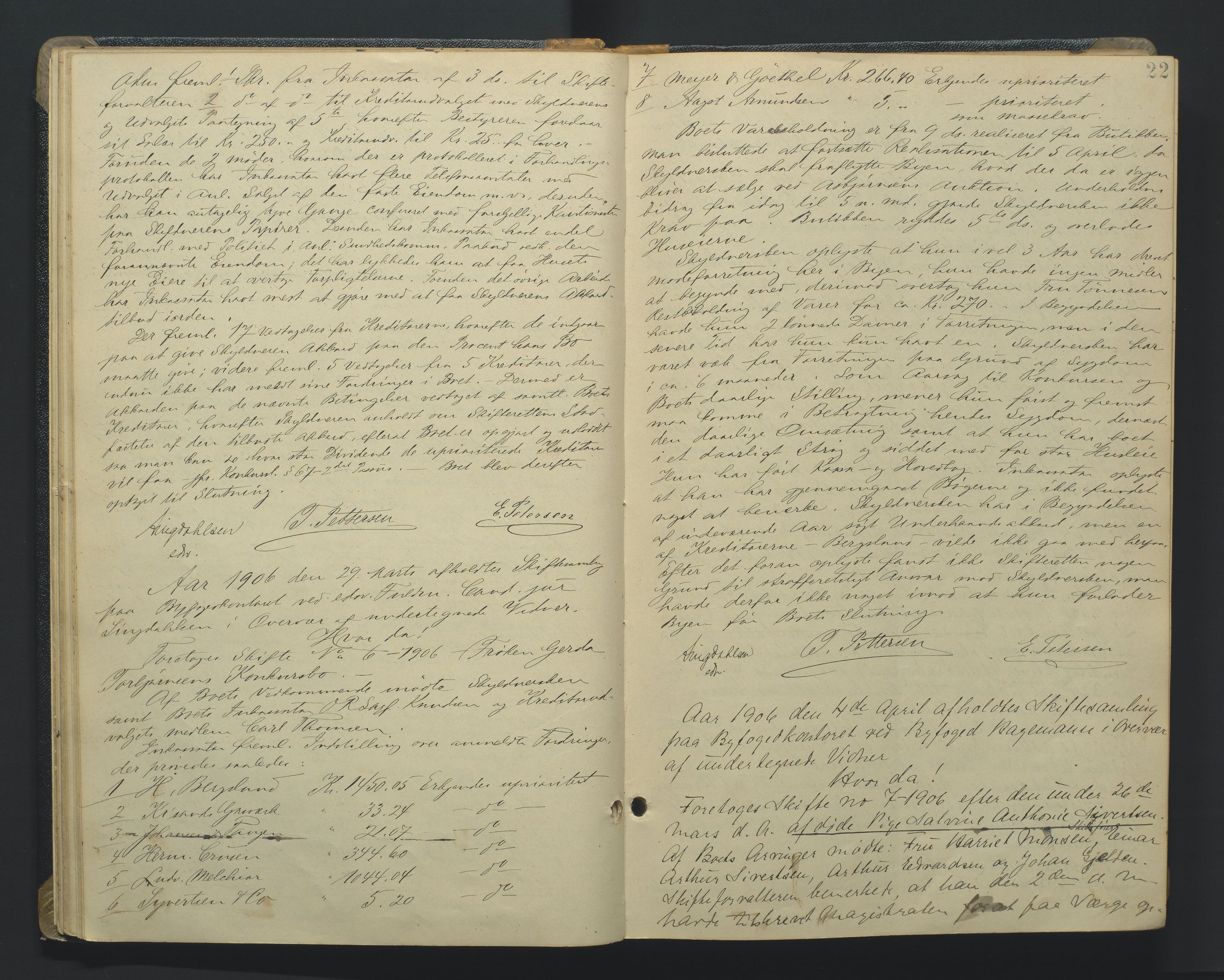 Kristiansand byrett, AV/SAK-1223-0001/H/Hc/L0048: Skifteforhandlingsprotokoll nr. 8, med register, 1905-1913, s. 22