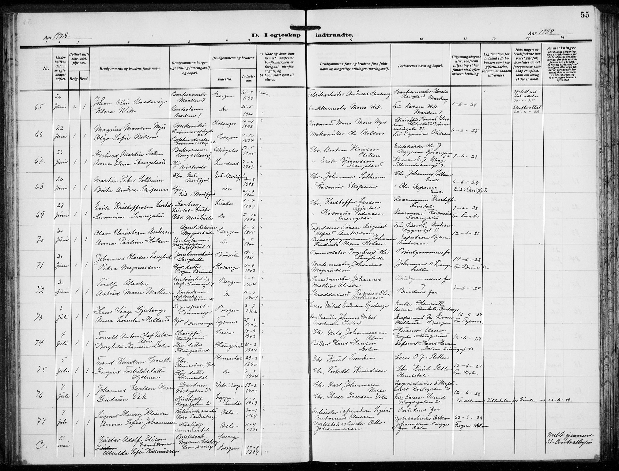 Domkirken sokneprestembete, AV/SAB-A-74801/H/Hab/L0034: Klokkerbok nr. D 6, 1924-1941, s. 55