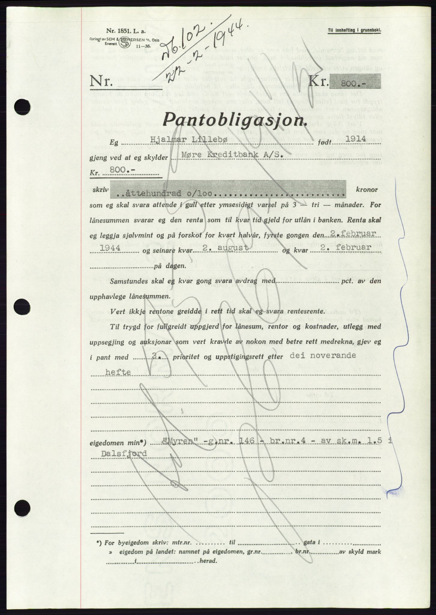 Søre Sunnmøre sorenskriveri, AV/SAT-A-4122/1/2/2C/L0114: Pantebok nr. 1-2B, 1943-1947, Dagboknr: 102/1944