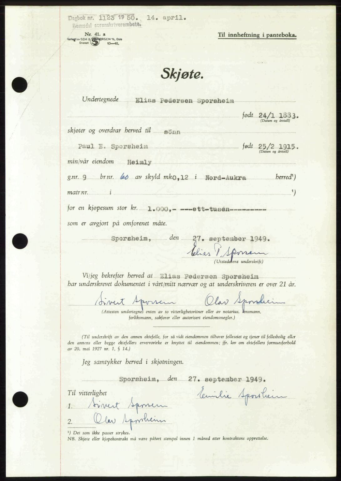 Romsdal sorenskriveri, SAT/A-4149/1/2/2C: Pantebok nr. A33, 1950-1950, Dagboknr: 1123/1950